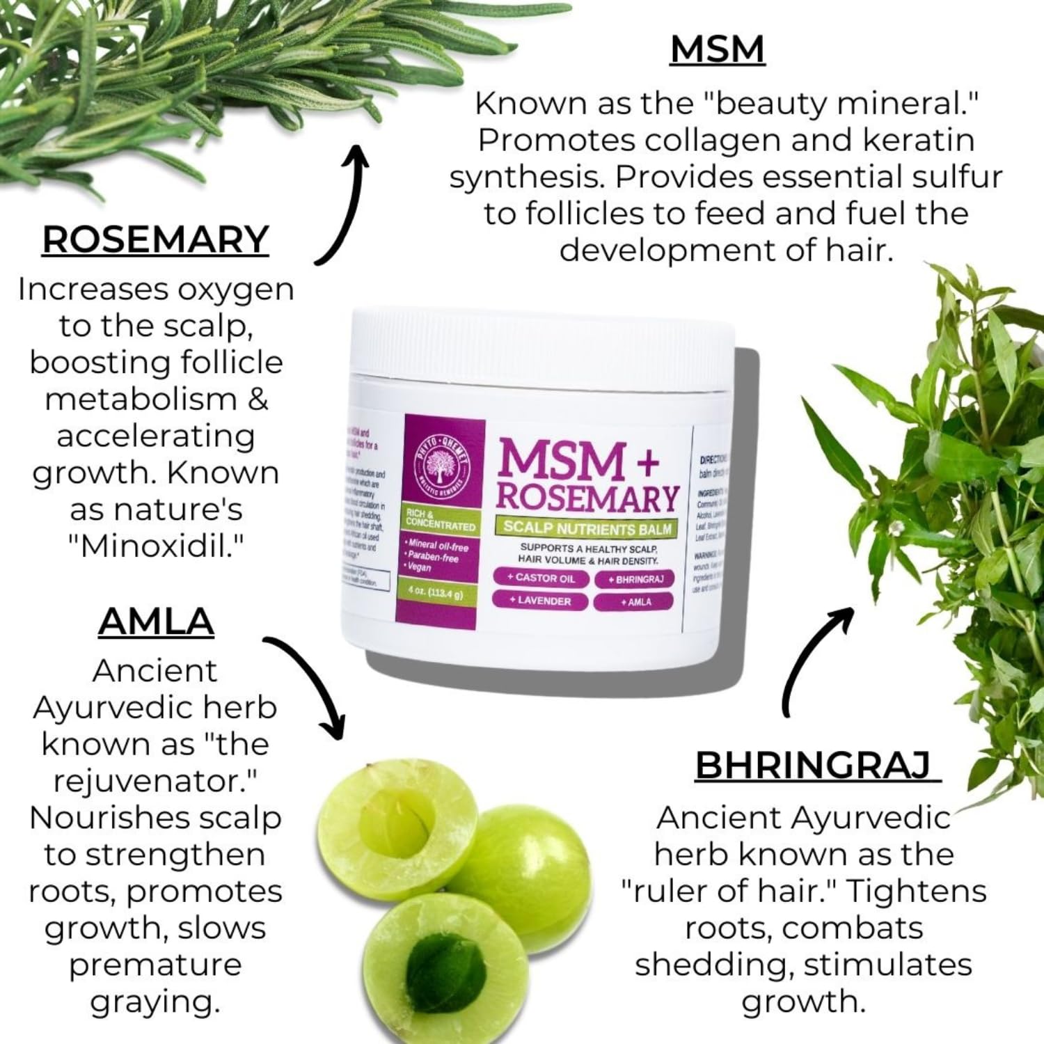 Qhemet Biologics MSM + Rosemary Scalp Nutrients Balm | Nourishing Hair Growth Formula with Bhringraj, Castor & Coconut Oil | For Dry, Thinning Hair & Slow Growth | Vegan (4 oz) - Image 4