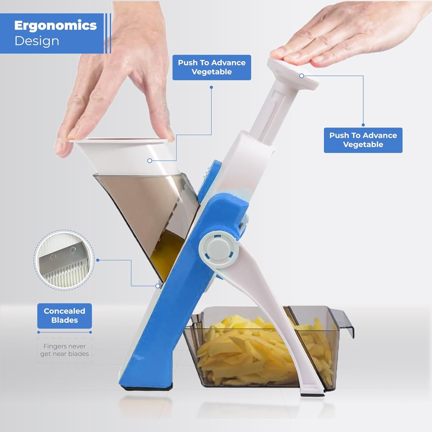 Safe Mandoline Slicer, Multifunctional Vegetable Slicer Shredder Dicer Chopper with Thickness Adjuster, 30+ Different Cutting Style (BLUE) - Image 8