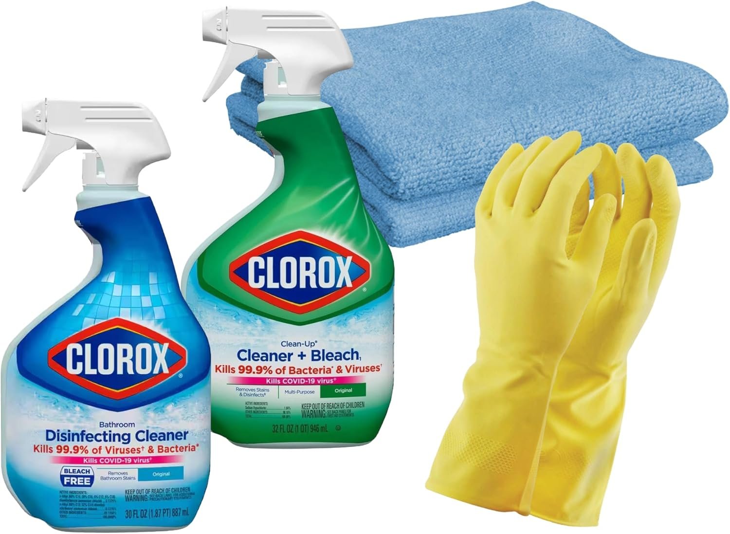 Сlean-Up Cleaner with Bleach, Fresh Scent, 32 Fl Oz, Disinfecting Bathroom Cleaner, Original Scent, 30 Fl Oz, Bundle with Latex Gloves and 2 Microfiber Cleaning Cloths - Image 2