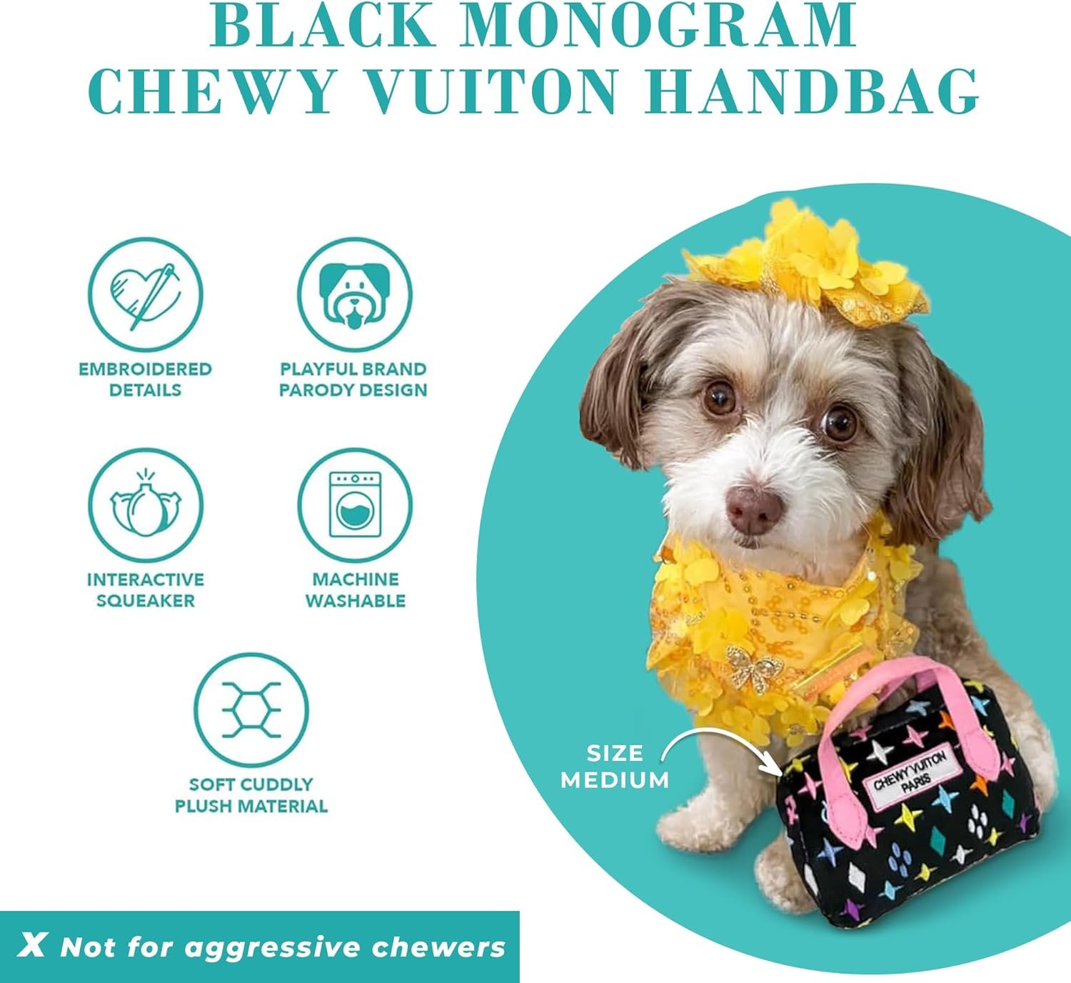 Haute Diggity Dog Black Monogram Chewy Vuiton Handbag, Plush Designer Dog Toys with Interactive Squeaker, Stimulating Pet Enrichment, Machine-Washable & Safe Materials for All Breeds, Size Small - Image 5