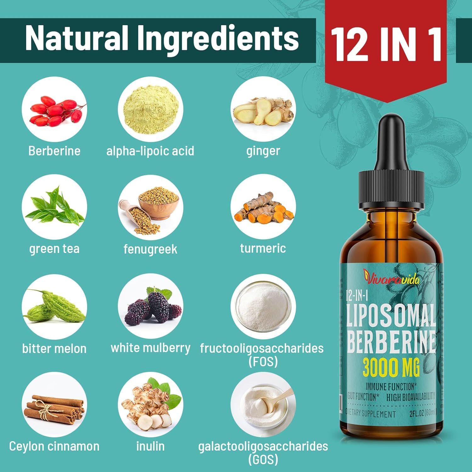 Berberine HCl Drops Supplement 3000 mg - Liposomal Berberine HCl Liquid - AMPK Activator with Turmeric, Ceylon Cinnamon, 12 Natural Ingredients - 2 fl oz - Image 4