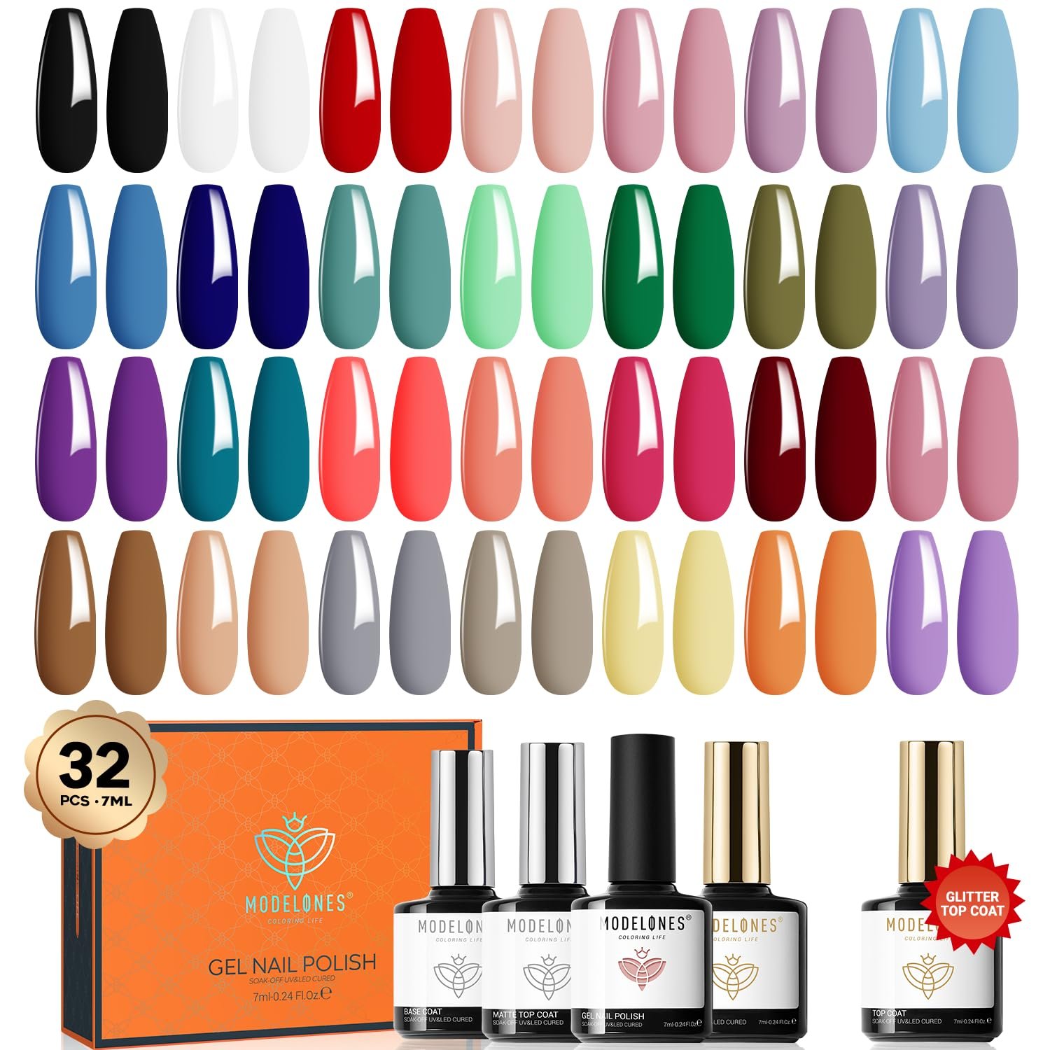 modelones 32 PCS Gel Nail Polish Set, 28 Colors Fall Winter Gel Polish with No Wipe Base Coat, Glitter & Glossy & Matte Top Coat Black Brown Red Purple Soak Off LED Nail Art Kit Salon at Home - Image 2