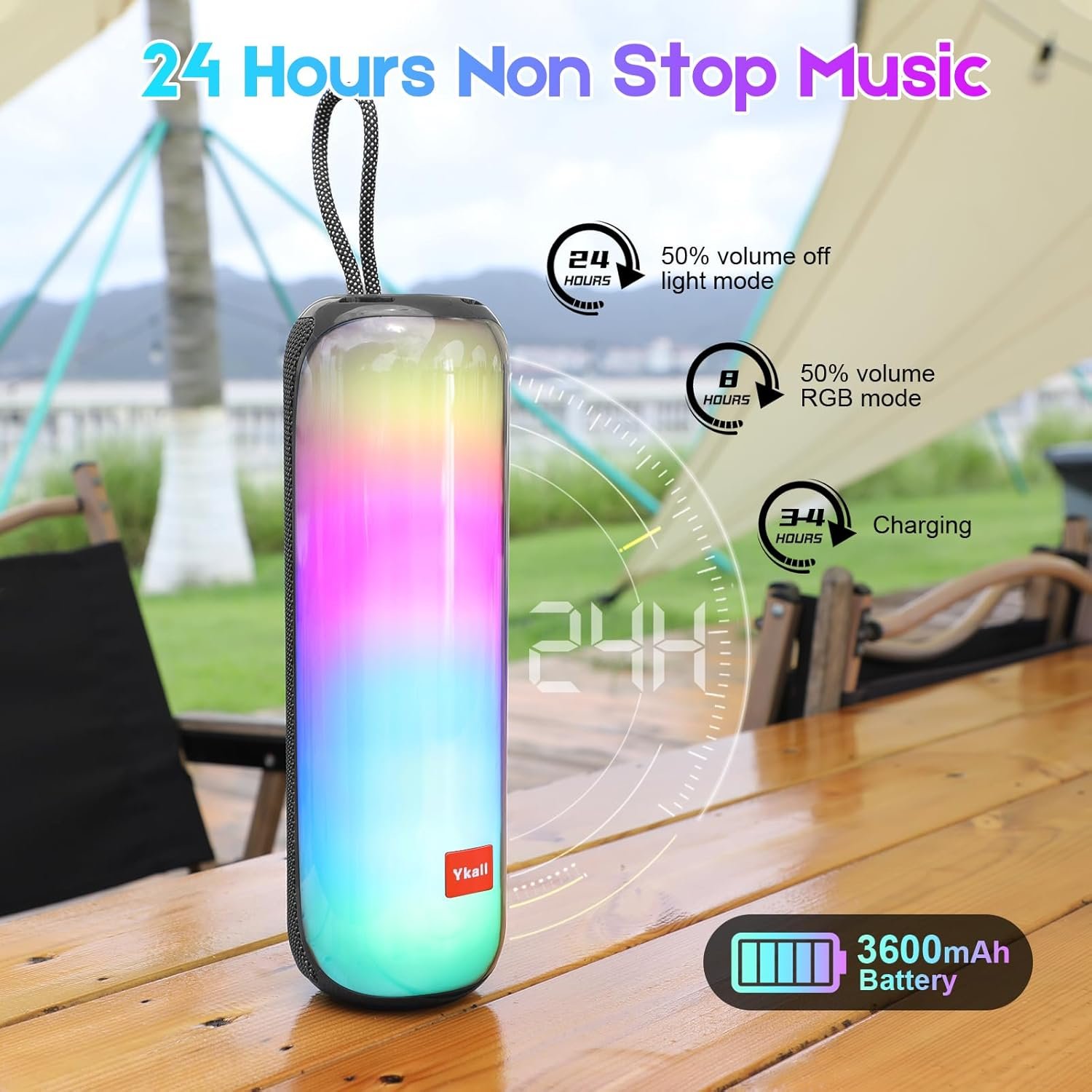 Portable Bluetooth Speaker, 20W Loud Sound Wireless Speaker with Cool Dynamic LED Lights, Outdoor Bluetoooth Speaker, IPX5 Waterproof, Bluetooth 5.3, 14H Playtime Supports FM Mode, TF, USB - Image 7