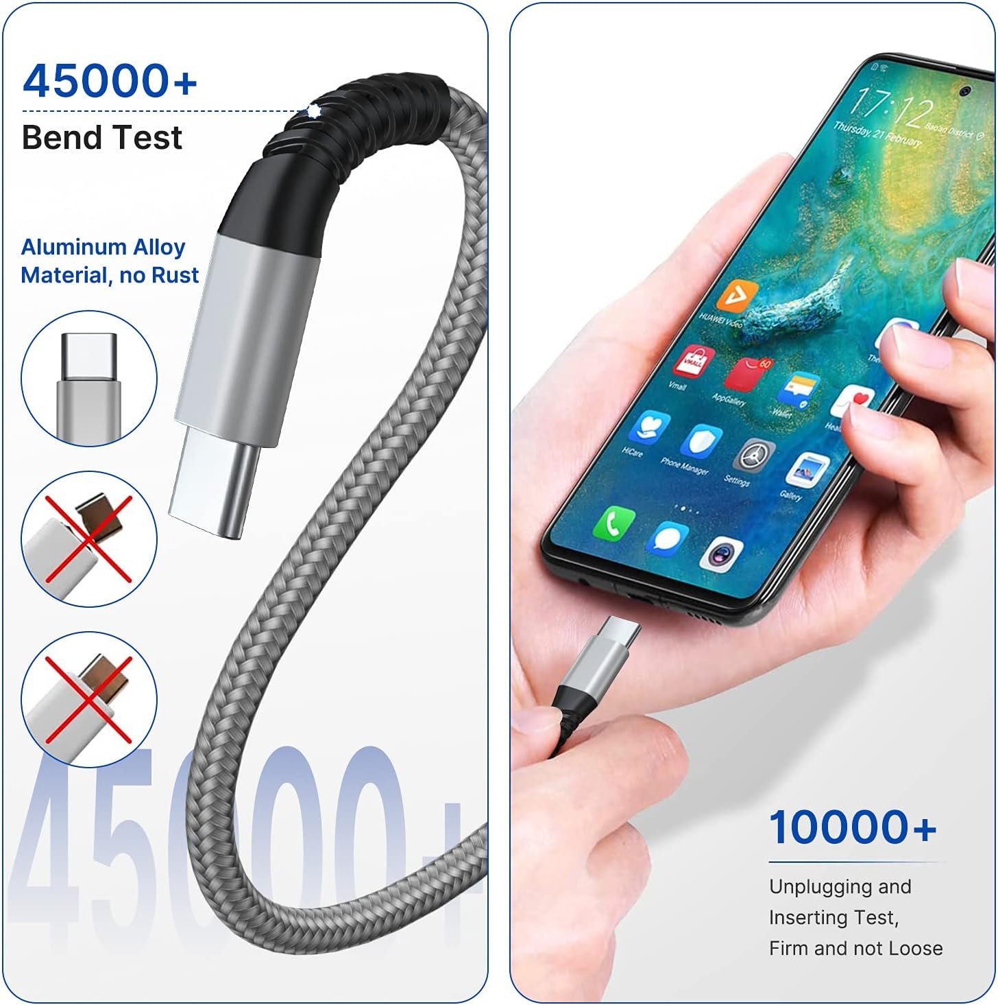 USB C Cable 10FT 3Pack Fast Charging Nylon Braided Long Type C Charger Cable for Samsung Galaxy S24 S23 S22 S21 S10 S9 S8 A02s A03s A11 A12 A13 A14 A21 A22 A32 A42 A53, Tablet, LG, Moto, TCL - Image 6