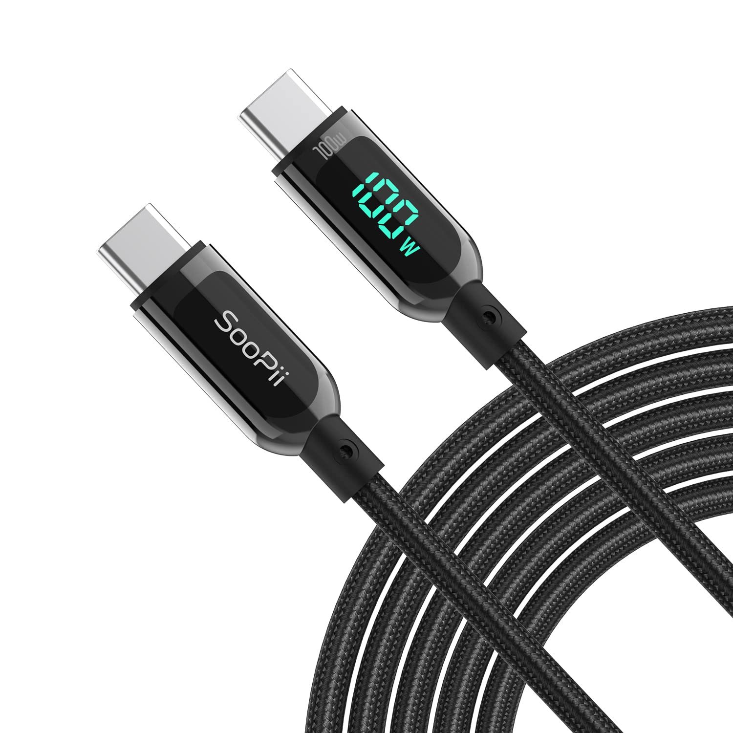 SOOPII 100W 6.6ft USB C to USB C Cable Fast Charge, Nylon Braided Cable with LED Display for lPhone 15/15 Pro/15 Plus/15 Pro Max,lPad Air,MacBook Pro,Galaxy S24/S23, Pixel, LG (Black) - Image 2
