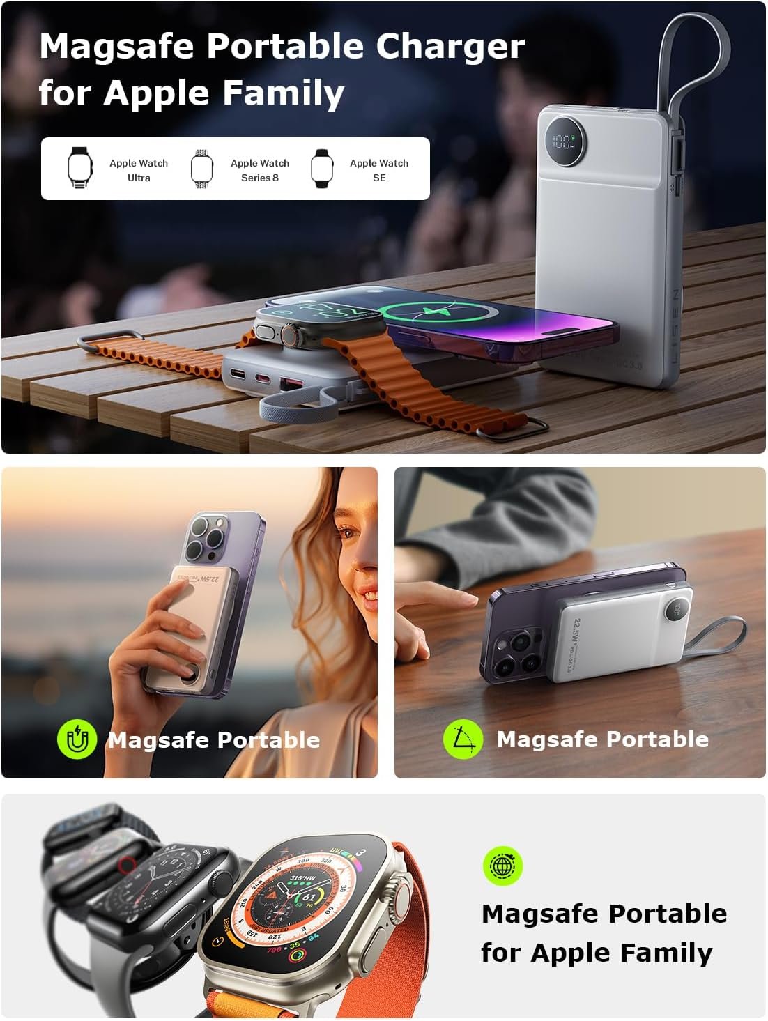 LISEN Magsafe Wireless Power Bank for iPhone 16 Icemag Power Bank, 10000mah Built-in Cable Pack Power Bank Fast Charging 22.5W Portable Charger with Apple Watch Charger Fits iPhone 16 15 14 Pro Plus - Image 3