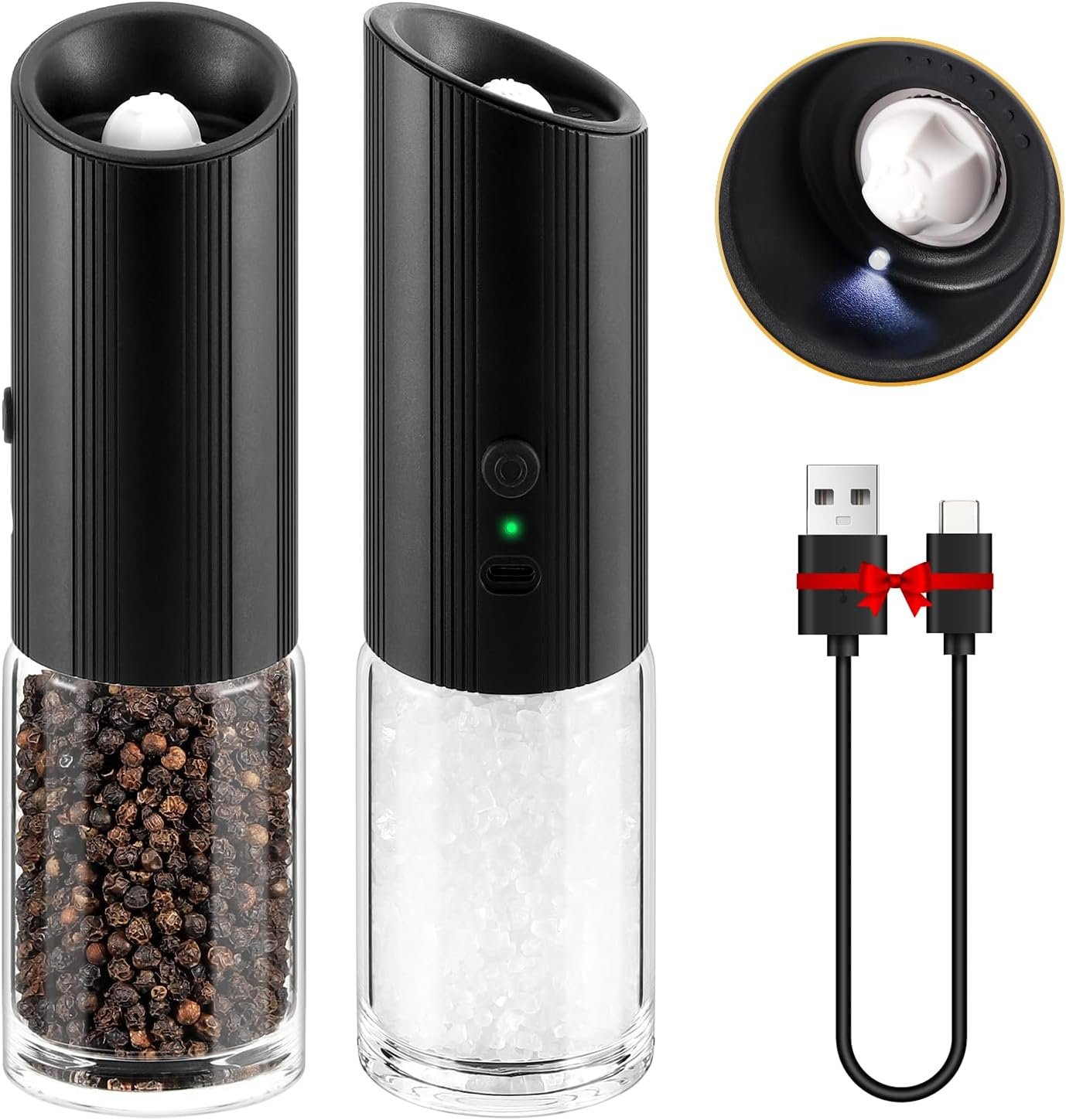 VEVOK CHEF Electric Salt and Pepper Grinder Set Black Type-c Rechargeable Pepper Grinder with LED light One Handed Operation Pepper Mill Adjustable Coarseness - Image 2