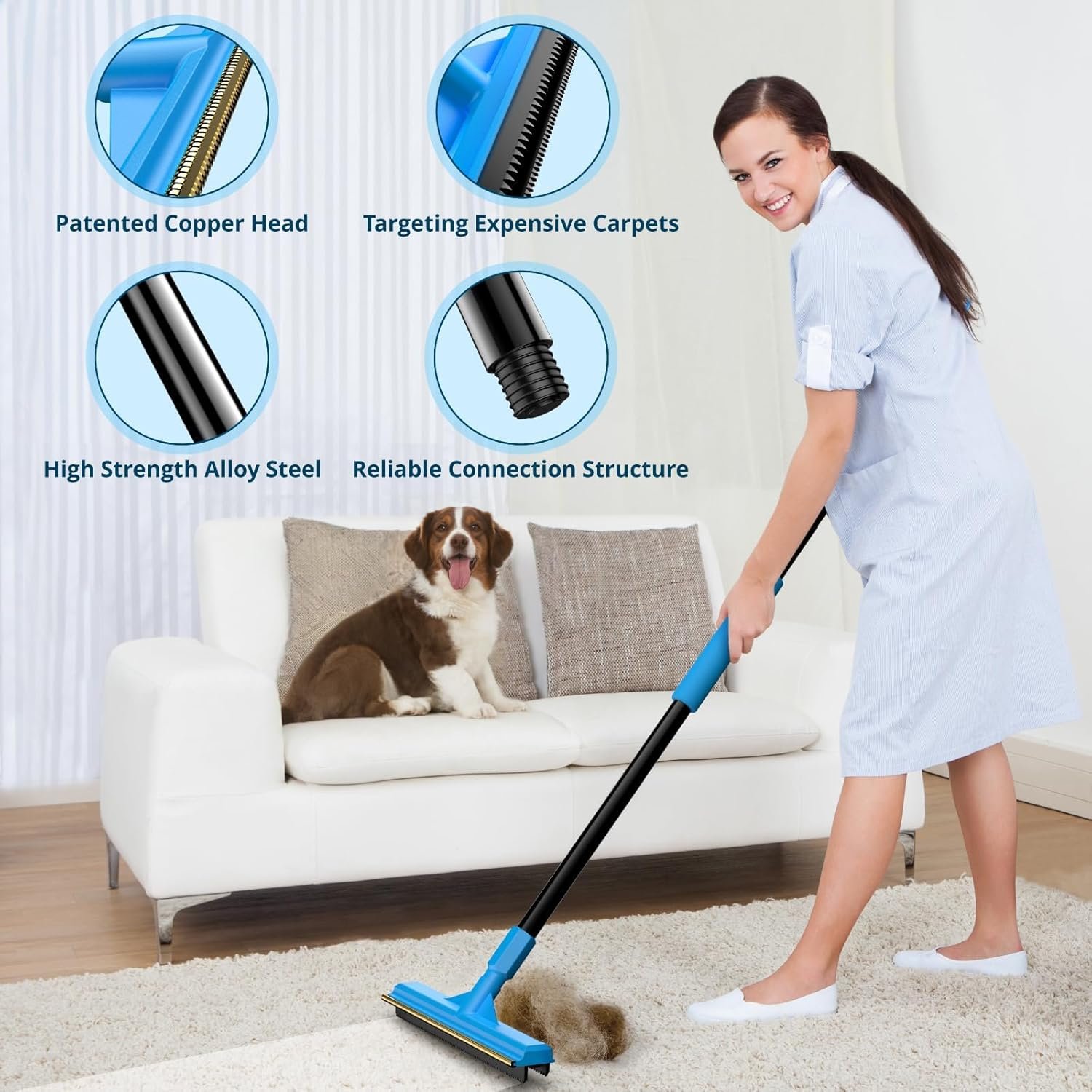 Carpet Rake for Pet Hair Removal, Reusable Cat Hair Remover with 58” Adjustable Long Handle, Dog Hair Carpet Scraper for Furnitures, Mats, Pet Hair Removal Tool and Dog Hair Remover for Couch - Image 4