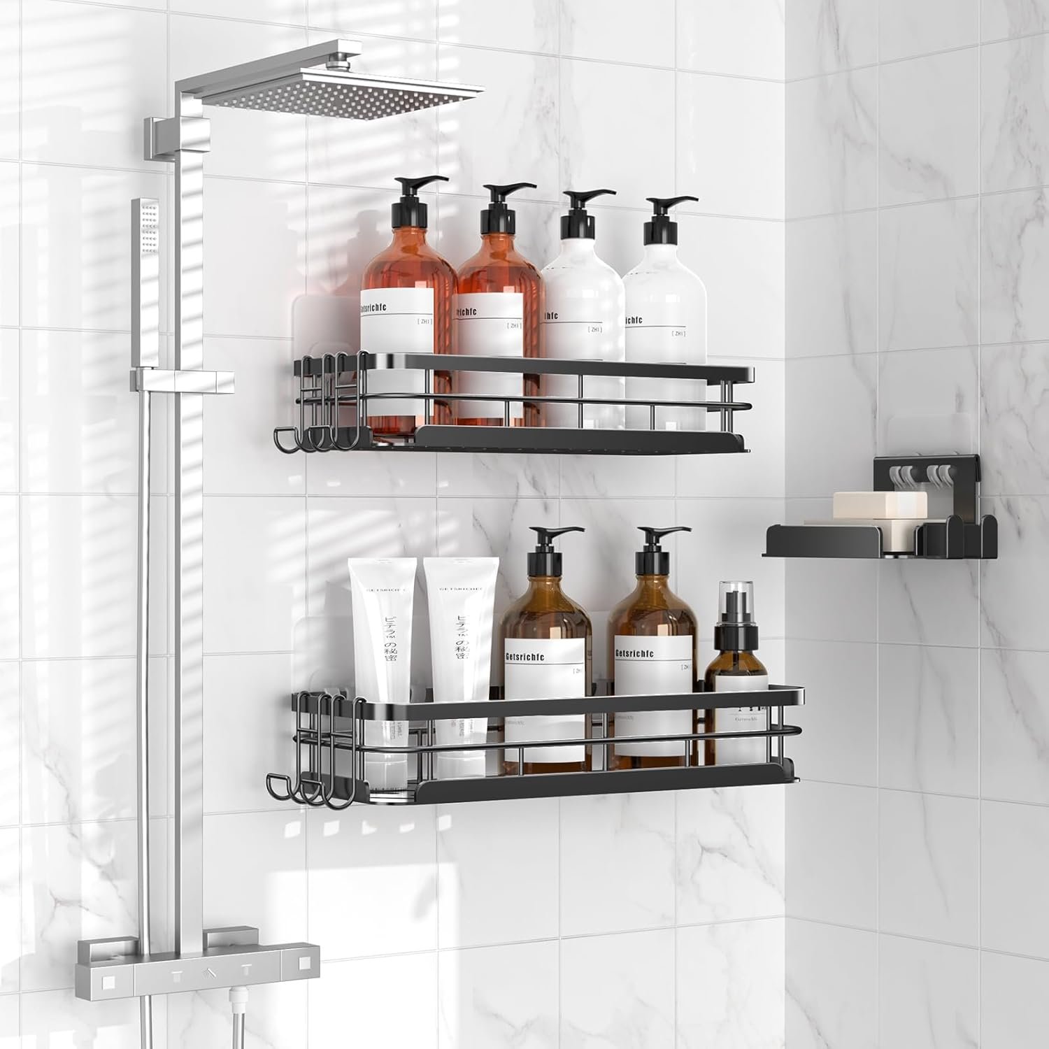 Corner Shower Caddy 3 Pack, Large Size Shower Shelves with Soap Holder Adhesiveand 4 N-Shaped Hook, Rustproof Stainless Steel Bathroom Accessories Organizer, No Drilling Wall Mounted Rack - Image 5
