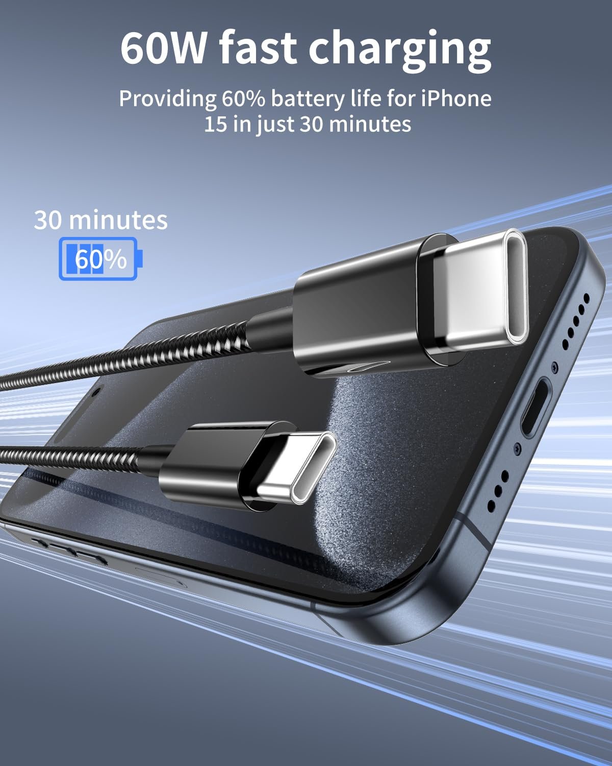 USB C to USB C Cable, 5Pack 6FT 60W(3.1A) Nylon Braided USB C Charger Cable for for iPhone 16/16 Plus/16 Pro Max/15/15 Plus/15 Pro Max, MacBook Pro, iPad Pro Air,Samsung S24/S24 Ultra/S23 USBC Charger - Image 3