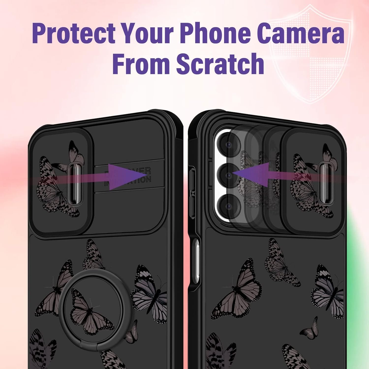 (2in1 for Samsung A14 5G Case for Women Cute Girls Cover Black Girly Kawaii Aesthetic Unique Fashion Fancy Butterfly Design with Camera Cover and Ring Stand for Samsung Galaxy A14 5G Case - Image 5