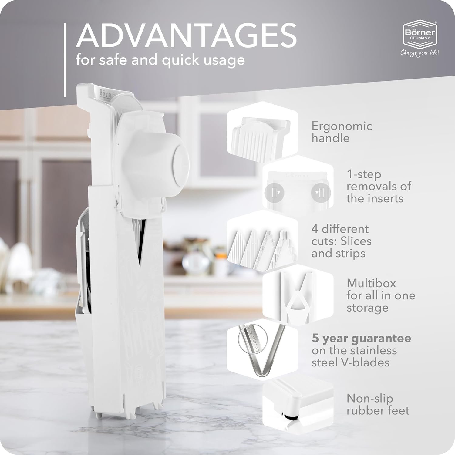 Börner Mandoline Slicer V3 (Starter Set) • V-Slicer for 5 Cutting Styles with Fruit Holder • Adjustable Vegetable Slicer for Vegetables & Fruits • Stainless Steel V-Blade • Color: White - Image 6