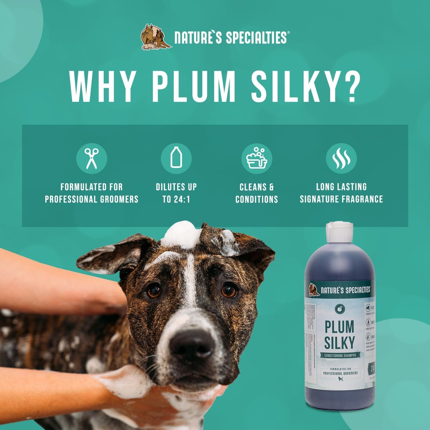 Nature's Specialties Plum Silky Ultra Concentrated Dog Shampoo Conditioner, Makes up to 6 Gallons, Natural Choice for Professional Pet Groomers, Silk Proteins, Made in USA, 32 oz - Image 4