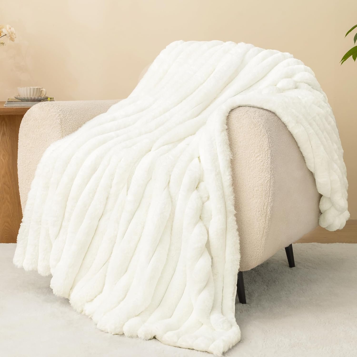 Andency White Throw Blanket for Couch, Super Soft Cozy Warm Fluffy Plush Blankets for Bed Sofa Living Room, Cute Faux Fur Lightweight Blanket for Women Grils, Off White, 50x60 inches - Image 2