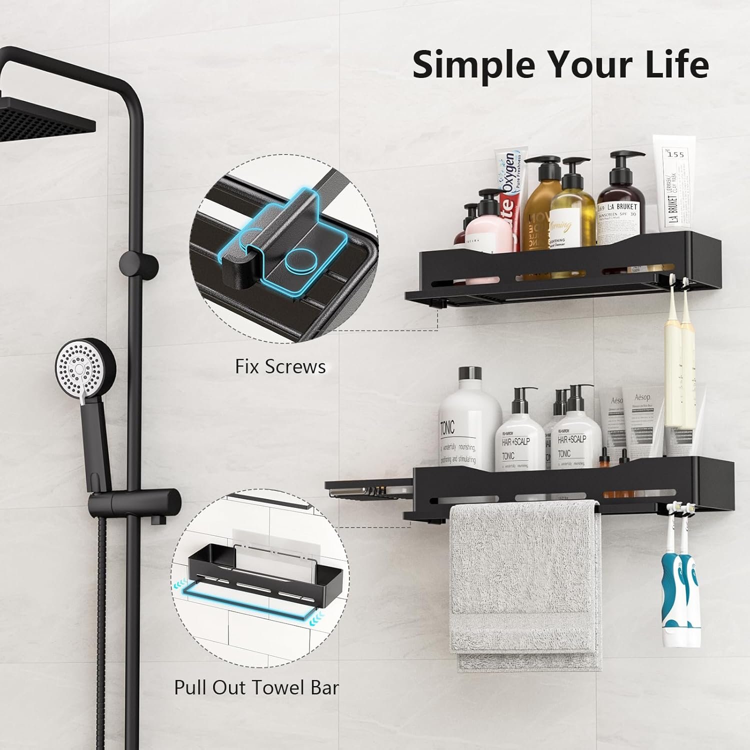 Shower Caddy - 2 Pack No Drilling Adhesive Shower Rack with Soap Holder & 2 Toothbrush Holder - Rustproof Large Capacity Shower Organizer with Towel Rack for Bathroom, Kitchen Storage - Image 4