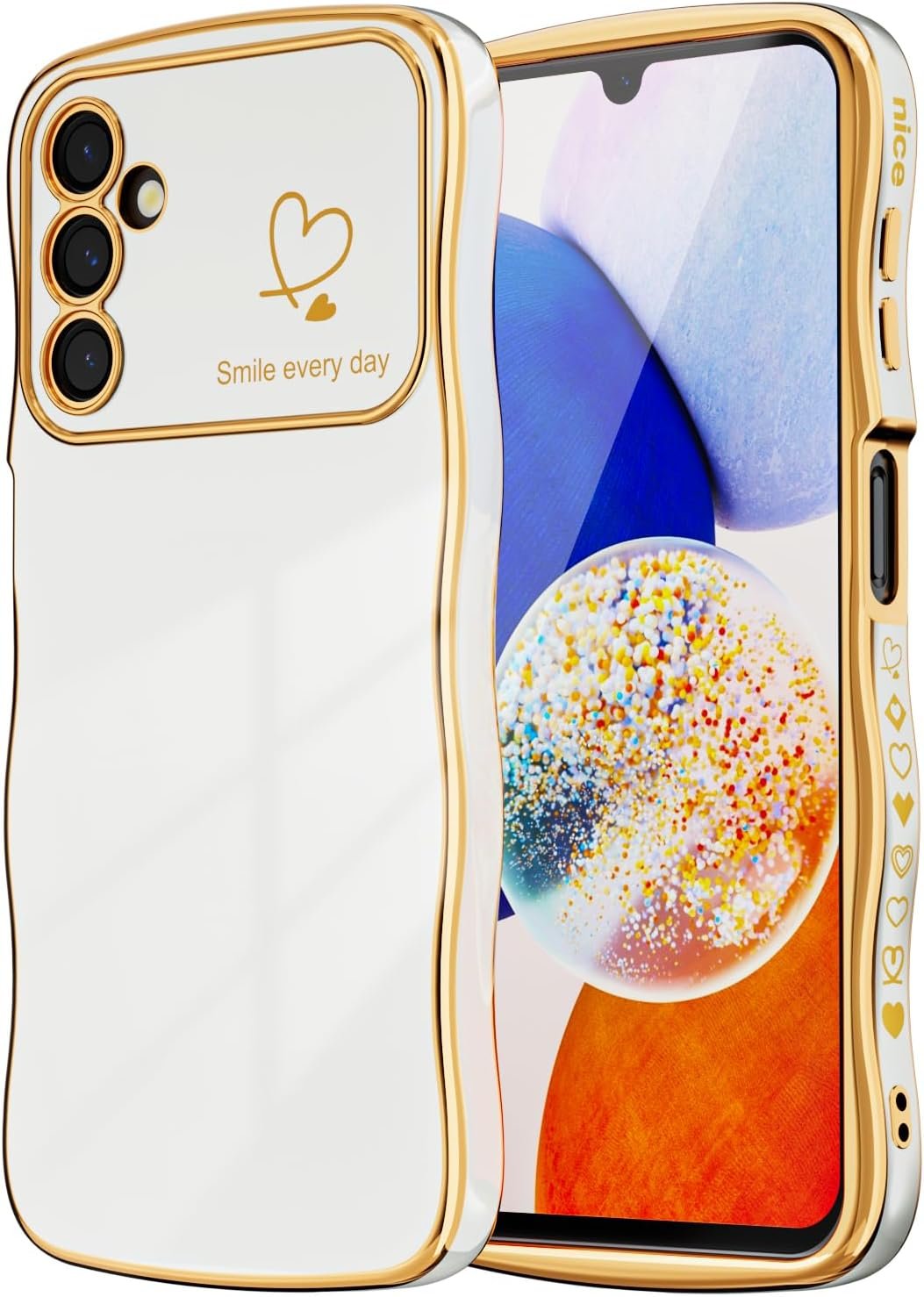 MINSCOSE for Samsung Galaxy A14 5G Phone Case,Luxury Cute Curly Wave Frame with Love Heart Plating Pattern,Raised Full Camera Lens Protection Cover for Women Girls for Galaxy A14 5G-White - Image 2