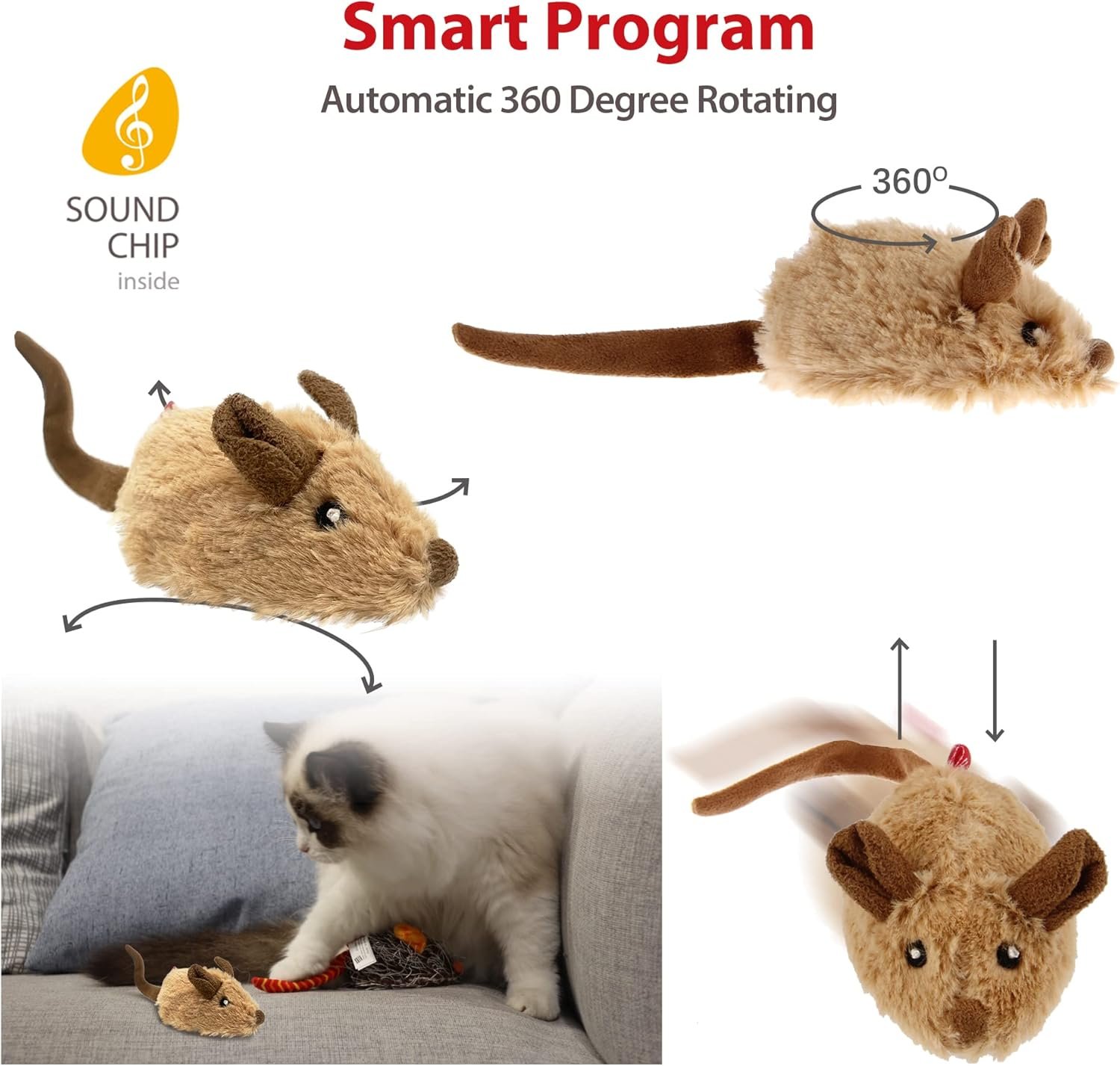 Gigwi Interactive Cat Toys for Indoor Cats, Cat Mouse Toys 2 Pcs with Electronic Realistic Squeaky Sound, Automatic Moving Kitten Toys Electric Mice Toy Self Play Exercise(Brown & Orange Ears) - Image 4