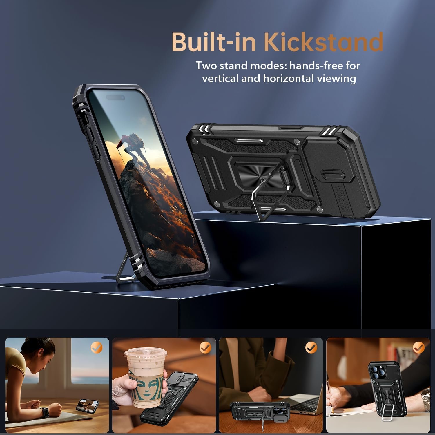 Goodon for iPhone 15 Pro Max Case with Sliding Camera Cover + Screen Protector - Metal Magnetic Kickstand - Military-Grade Shockproof Matte Protective Phone Cover 6.7" for Men Women Girls - Black - Image 5