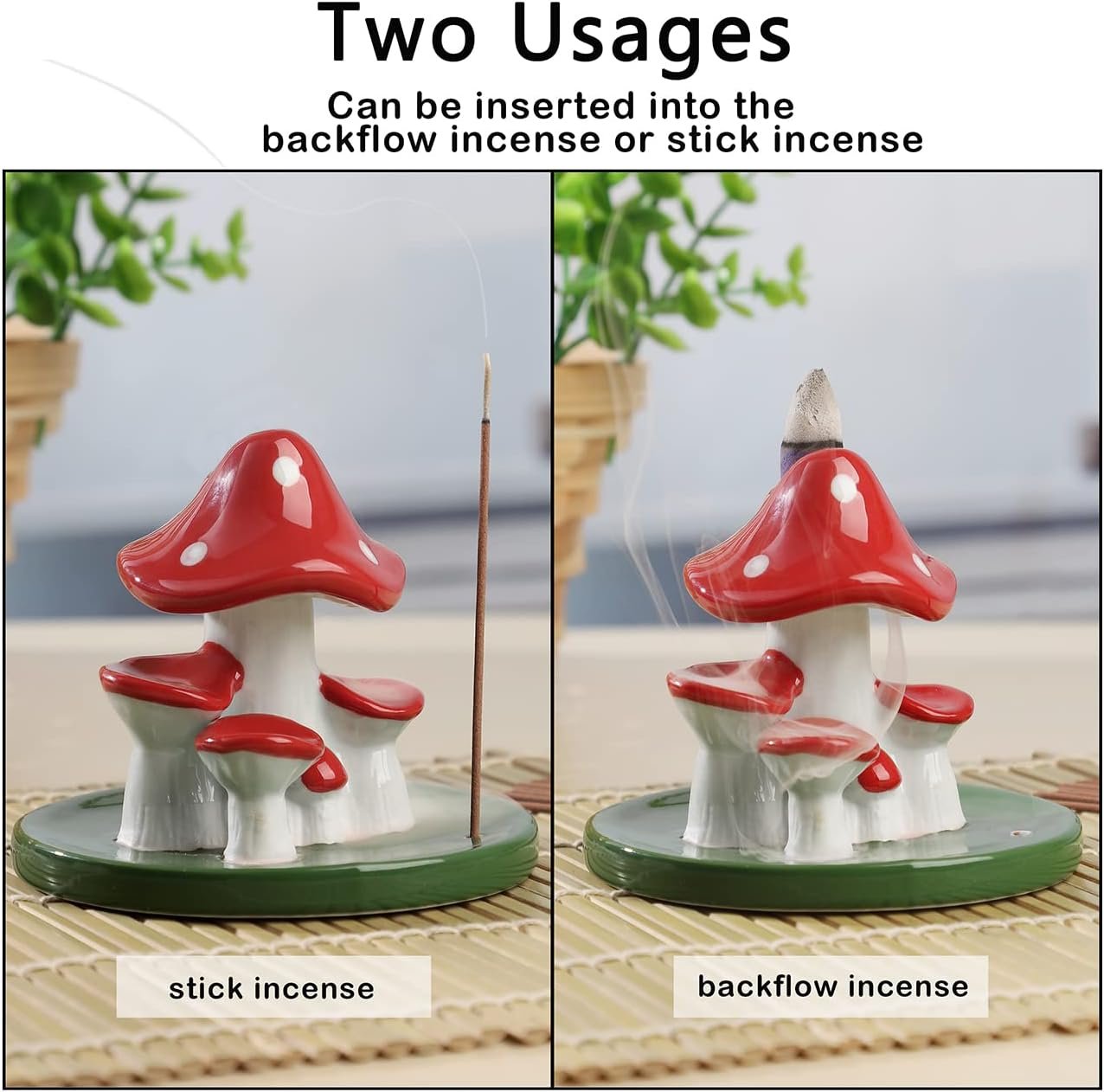 Ceramic Mushroom Incense Holder Backflow Incense Burner Meditation Accessories, with 30 Incense Sticks and 20 Downflow Incense Cones, Handmade Nature Theme Mushroom Incense Burner Tray(Red+Green) - Image 3