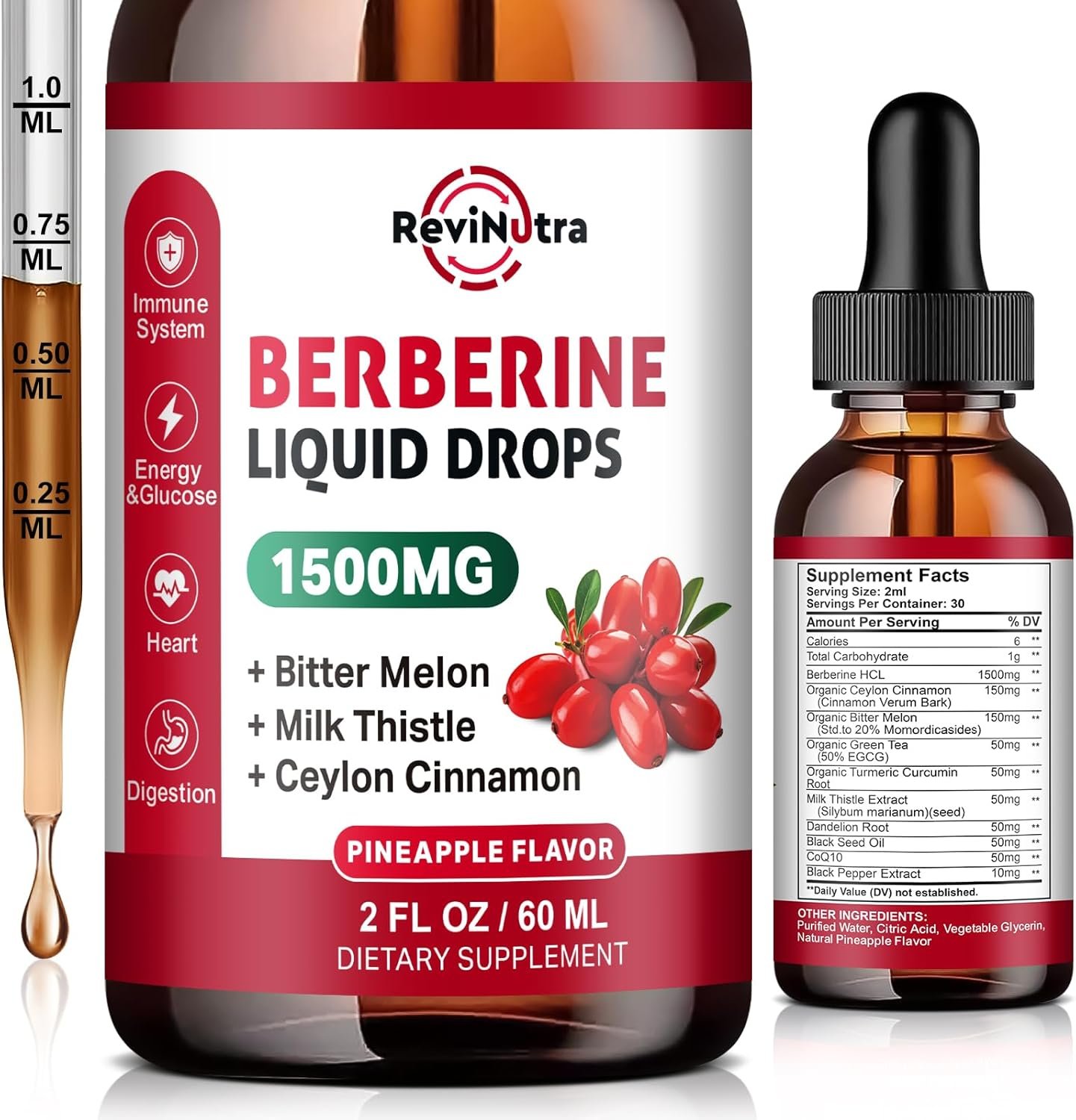 Berberine HCL Liquid Drops, 1500mg Berberine Supplement with Ceylon Cinnamon, Bitter Melon, Milk Thistle for Immune, Digestion System & Heart Health, 2 Fl Oz, Sugar-Free Pineapple Flavor - Image 2