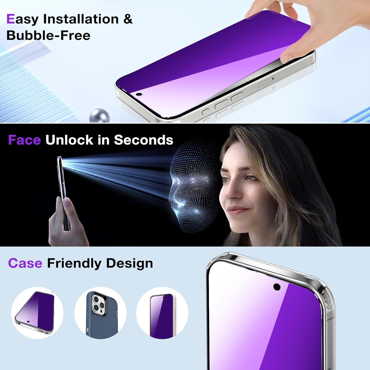 2 Pack for iPhone 15 Pro Max Privacy Screen Protector, Purple Stylish Anti Blue Light Tempered Glass Film for iPhone 15 Pro Max Screen Protector 6.7 Inch, Touch Sensitivity Bubble Free - Image 6