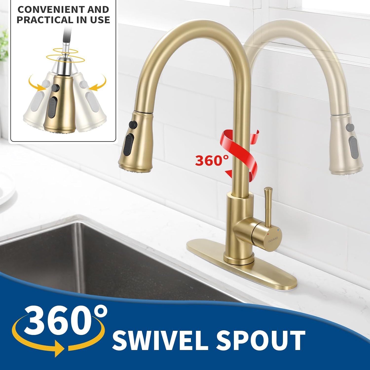 Gold Kitchen Faucet with Pull Down Sprayer, Modern Brushed Gold Single Handle Kitchen Sink Faucet with Deck Plate - Image 5