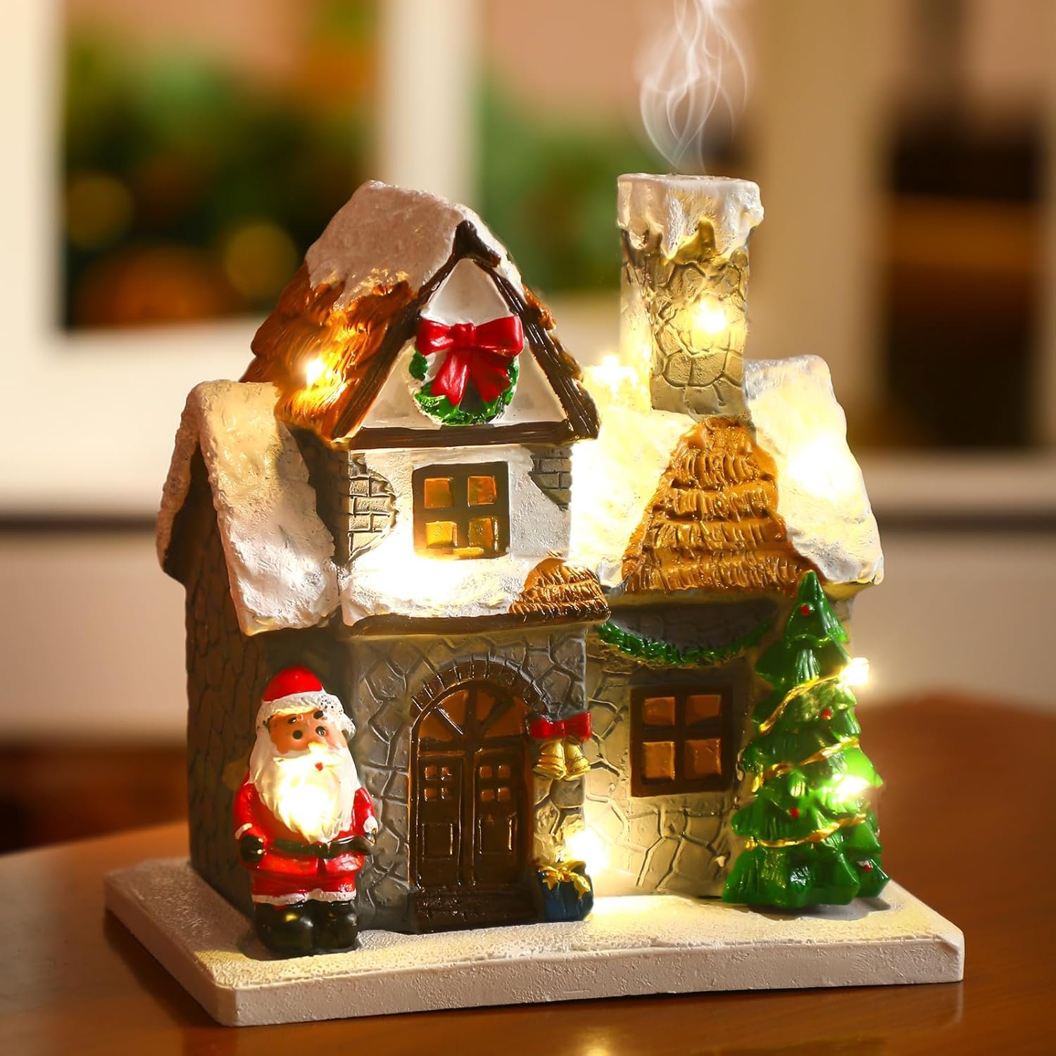 6.1 Inch Christmas Incense Burner Village House with Light String Resin Backflow Incense Holder Gift Cabin Winter Snowy Town with Xmas Tree Snowman for Fireplace Tabletop Decor(Simple) - Image 5