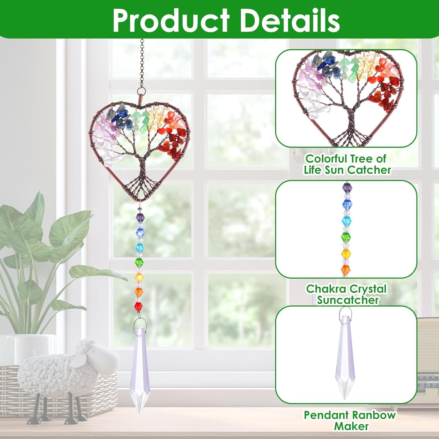 TIESOME Crystal Tree of Life Suncatchers, Rainbow Heart Shaped Sun Catcher Chakra Stones Window Hanging Ornament Colorful Garden Pendant Home Car Decor - Image 6