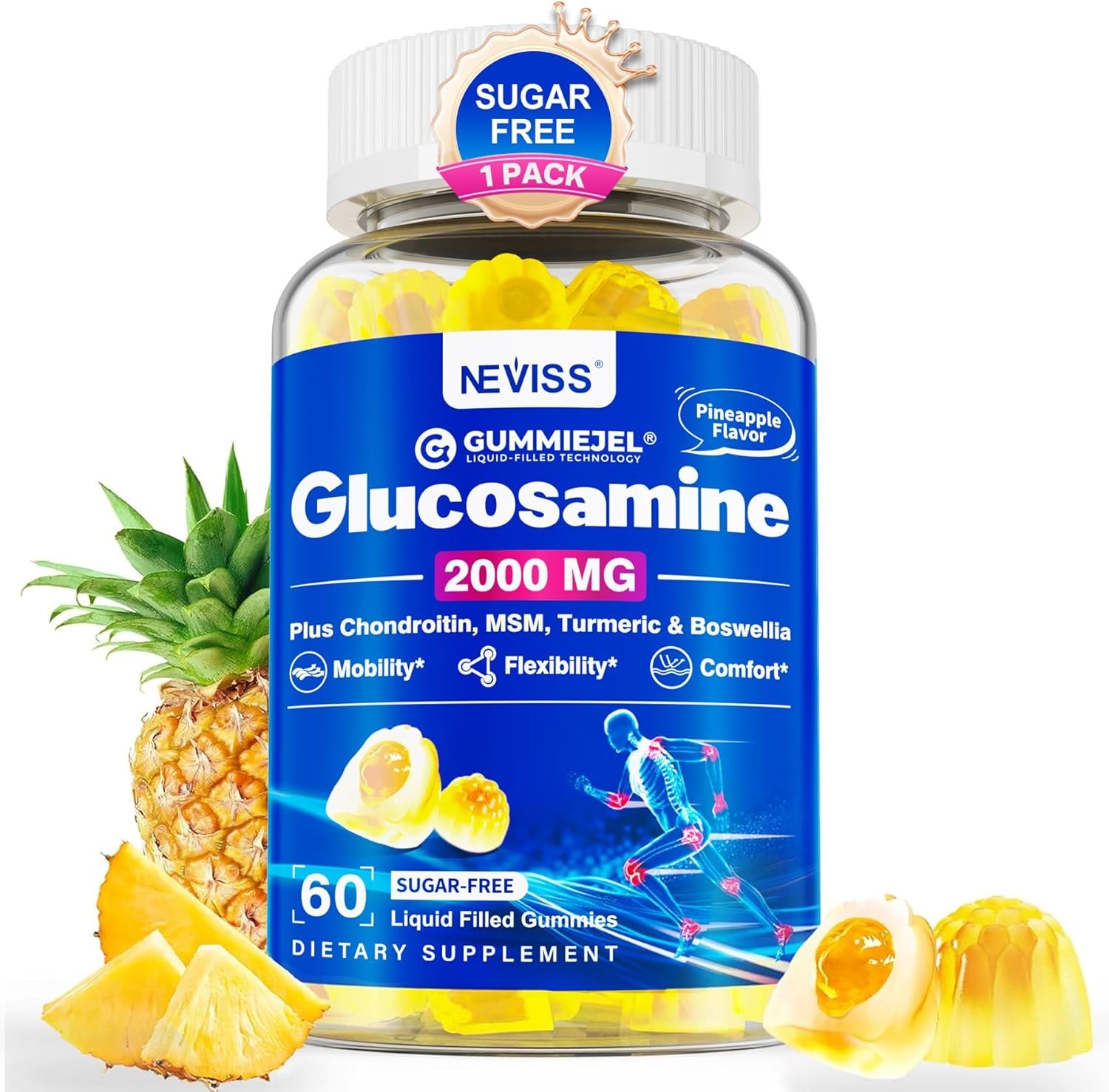Sugar Free Glucosamine Chondroitin MSM Filled Gummies 3100mg - Joint Support Supplement - Plus Turmeric, Boswellia, Hyaluronic Acid & Vitamin D3, Mobility, Comfort, Flexibility & Bone Support, 60Cts - Image 2