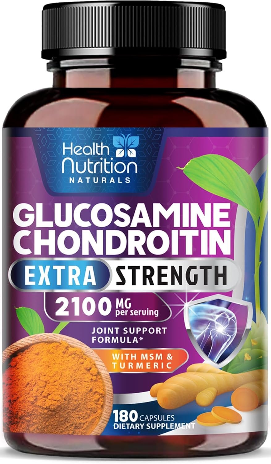 Glucosamine Chondroitin Supplements MSM Complex - Joint Support with Turmeric, Boswellia, Quercetin for Joints, Back, Hands, Bones, Knees & Mobility, Triple Strength Glucosamine Sulfate - 180 Capsules - Image 2