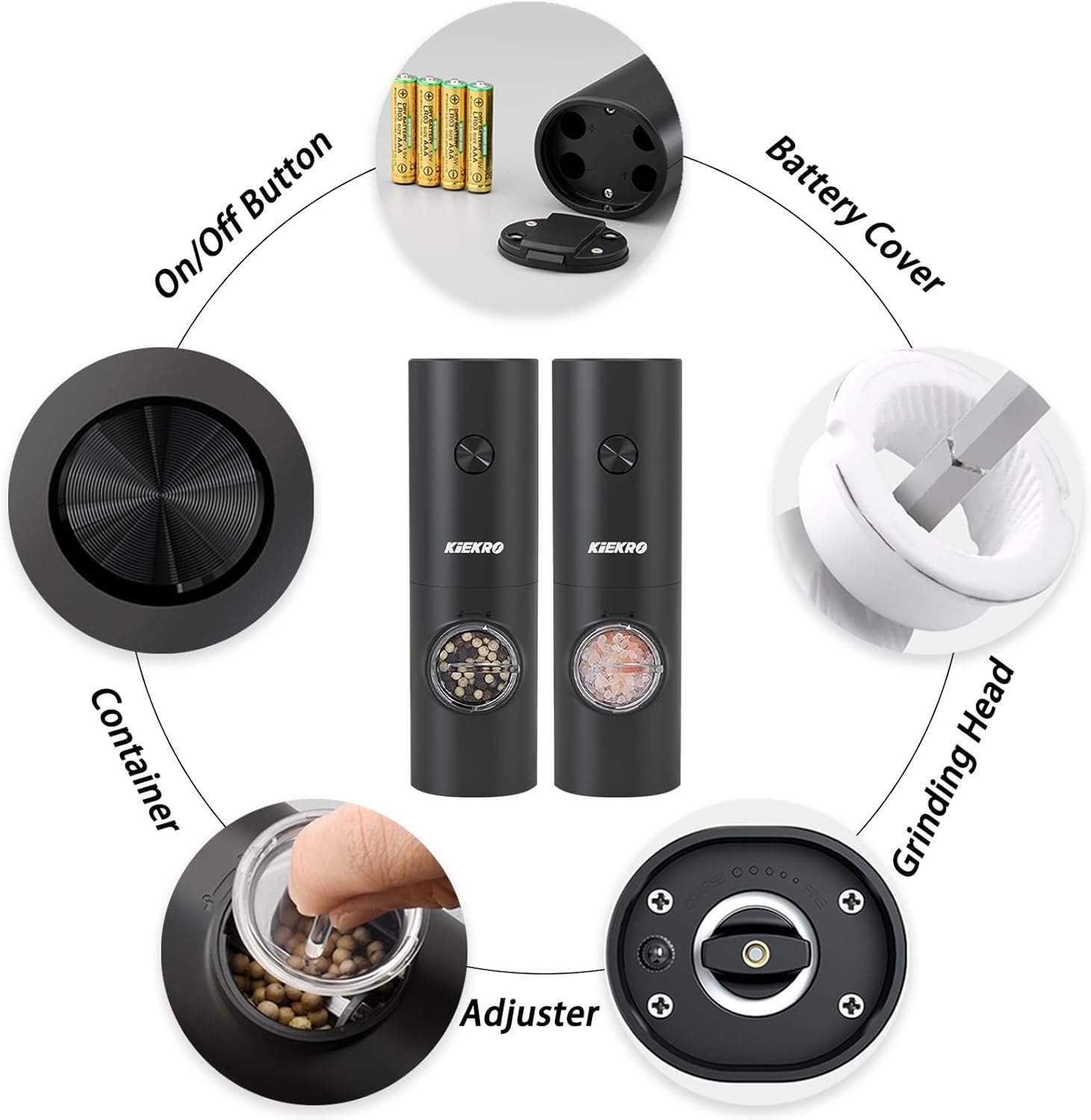 Electric Salt and Pepper Grinder Set, Battery Operated Salt and Pepper Grinder (without Battery), Kitchen Gadget with White Led Light, Adjustable Coarseness, One-hand One-button Start, Black - Image 3