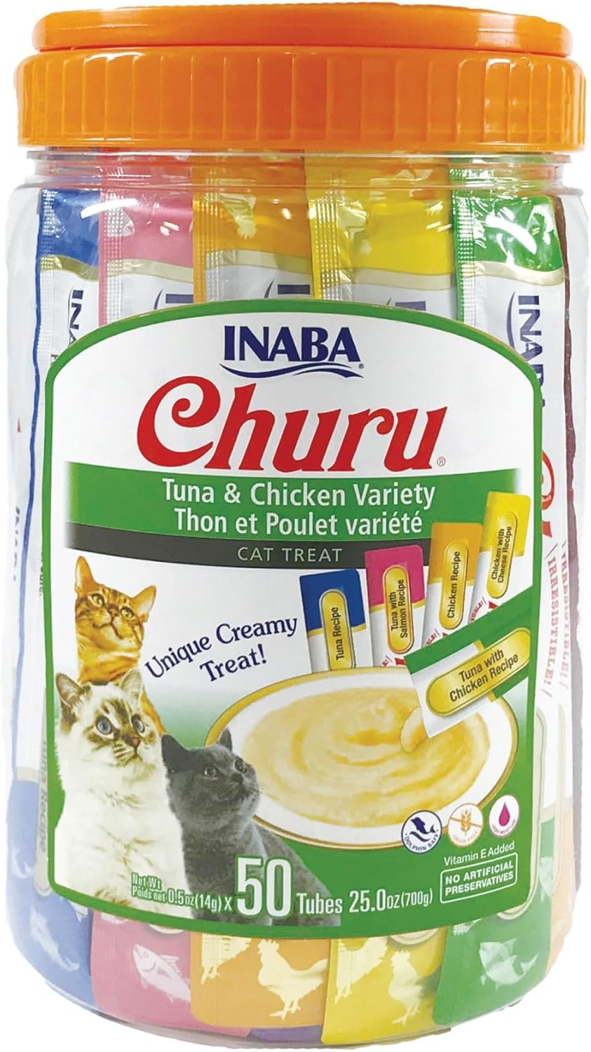 INABA Churu Cat Treats, Grain-Free, Lickable, Squeezable Creamy Purée Cat Treat/Topper with Vitamin E & Taurine, 0.5 Ounces Each Tube, 50 Tubes, Tuna & Chicken Variety - Image 2