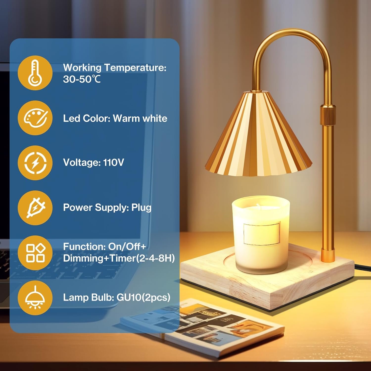 Cadrim Candle Warmer Lamp, Adjustable Height Dimmable Candle Lamp Warmer with 2 Bulbs 2H/4H/8H Timer Electric Wax melt Warmer Electric Candle Warmer for Bedroom Home Decor Christmas Festival Gift - Image 5