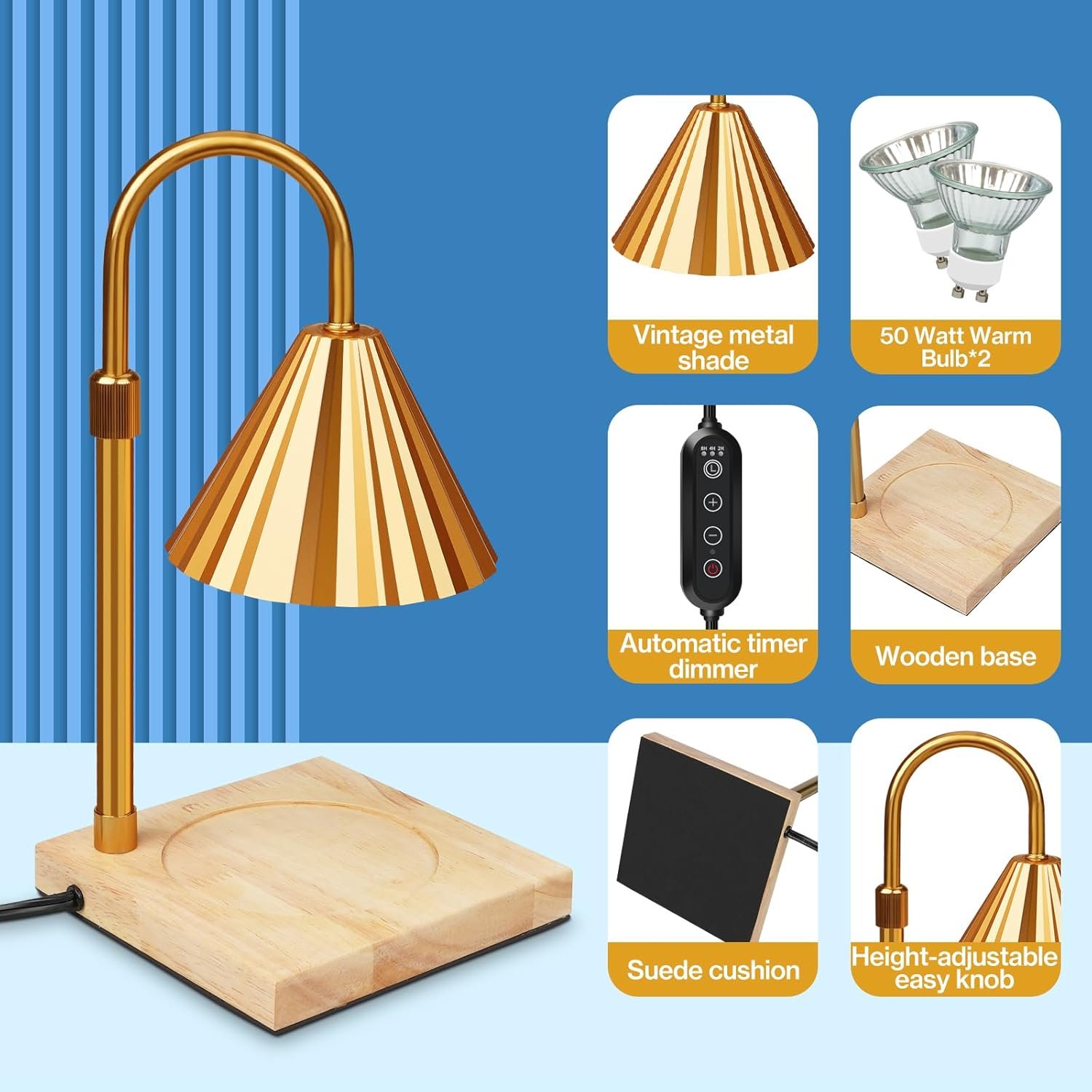 Cadrim Candle Warmer Lamp, Adjustable Height Dimmable Candle Lamp Warmer with 2 Bulbs 2H/4H/8H Timer Electric Wax melt Warmer Electric Candle Warmer for Bedroom Home Decor Christmas Festival Gift - Image 3