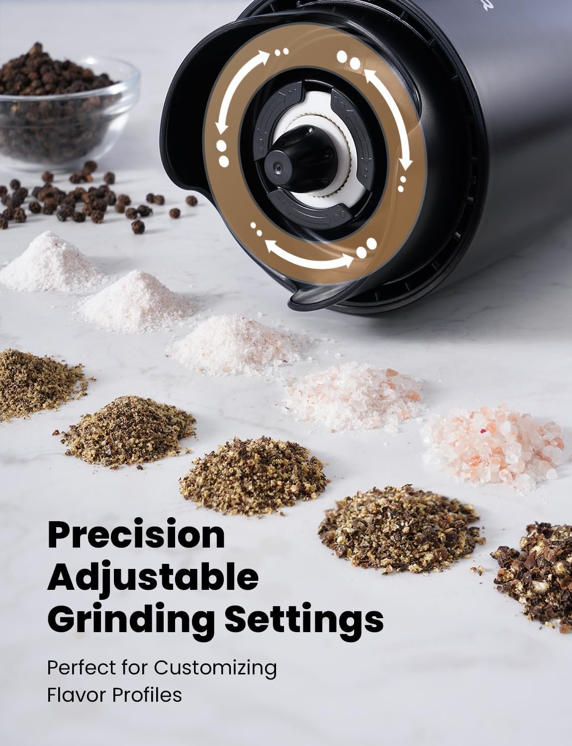 SHARDOR Electric Salt and Pepper Grinder Set, Adjustable Pepper Mill with Ceramic Grinding Elements, Rechargeable Spice Grinder with LED Light and 2 Quick-Change Pods, Ideal for Home Cooking - Image 6