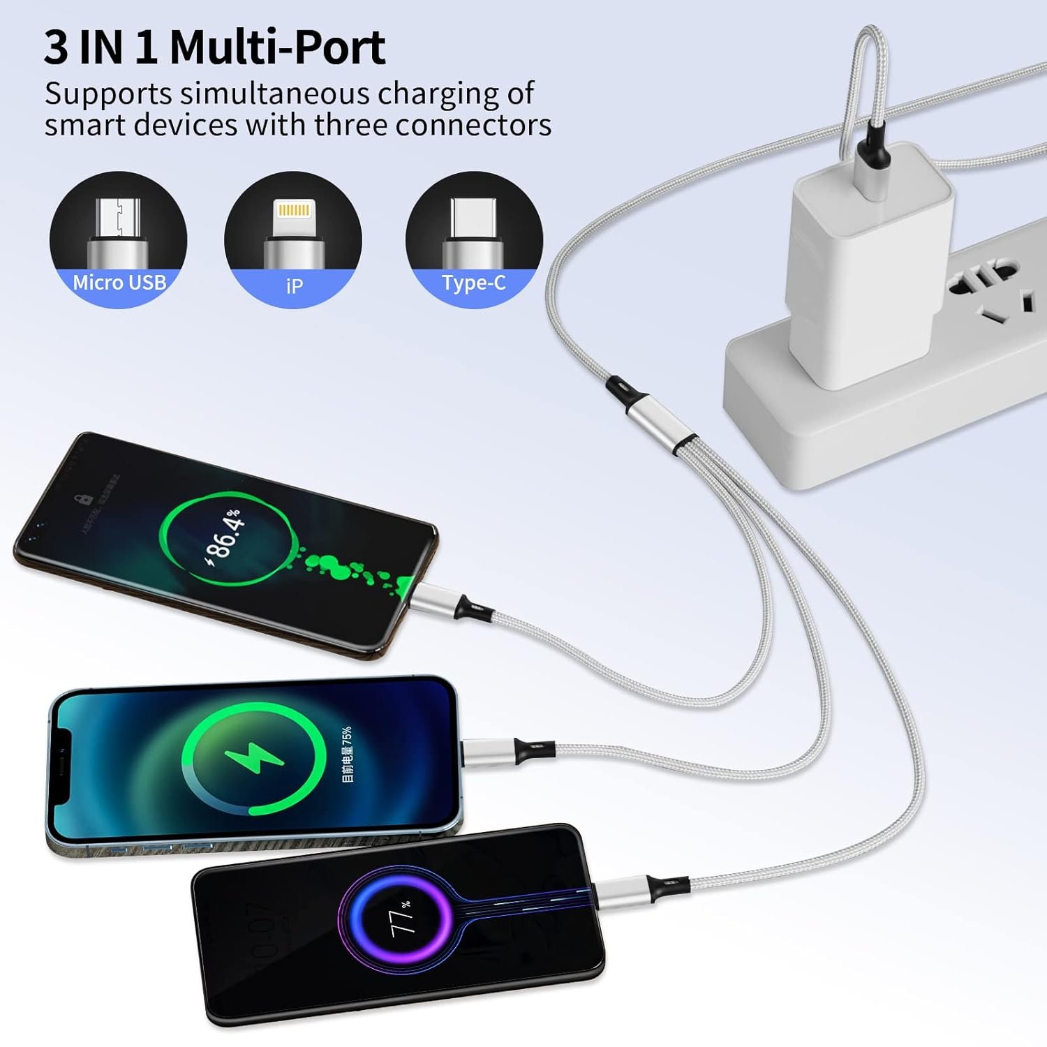 Multi Charging Cable, Multi 3 in 1 iPhone Charging Cable, Lightning/Type-C/Micro USB Universal Port Adapter,1.8M/6FT Long Nylon Braided Phone Charger Cable Adapter for Android/iPhone 15/Samsung-2Pack - Image 3