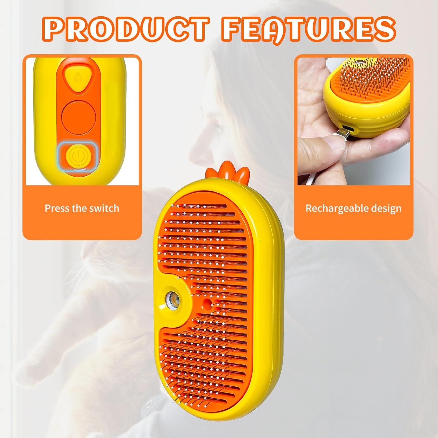 Spray Cat Brush for Shedding - Pet Hair Removal Comb with Water Tank and Release Button, Cat/Dog Steam Brush, Cat Bath Brush, Pet Steam Brush, Cat Brush with Water (yellow01) - Image 3