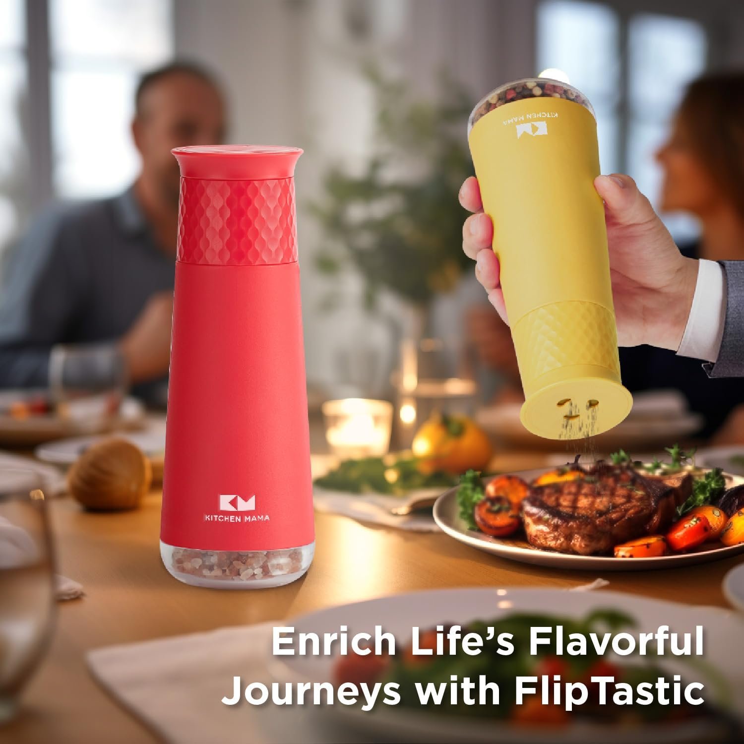 Kitchen Mama Rechargeable Gravity Salt and Pepper Grinder, Adjustable Coarseness, Refillable, Electric One-Hand-Operated, Small & Light Seasoning Tools - Automatic Spice Shaker Dispenser (Red) - Image 7