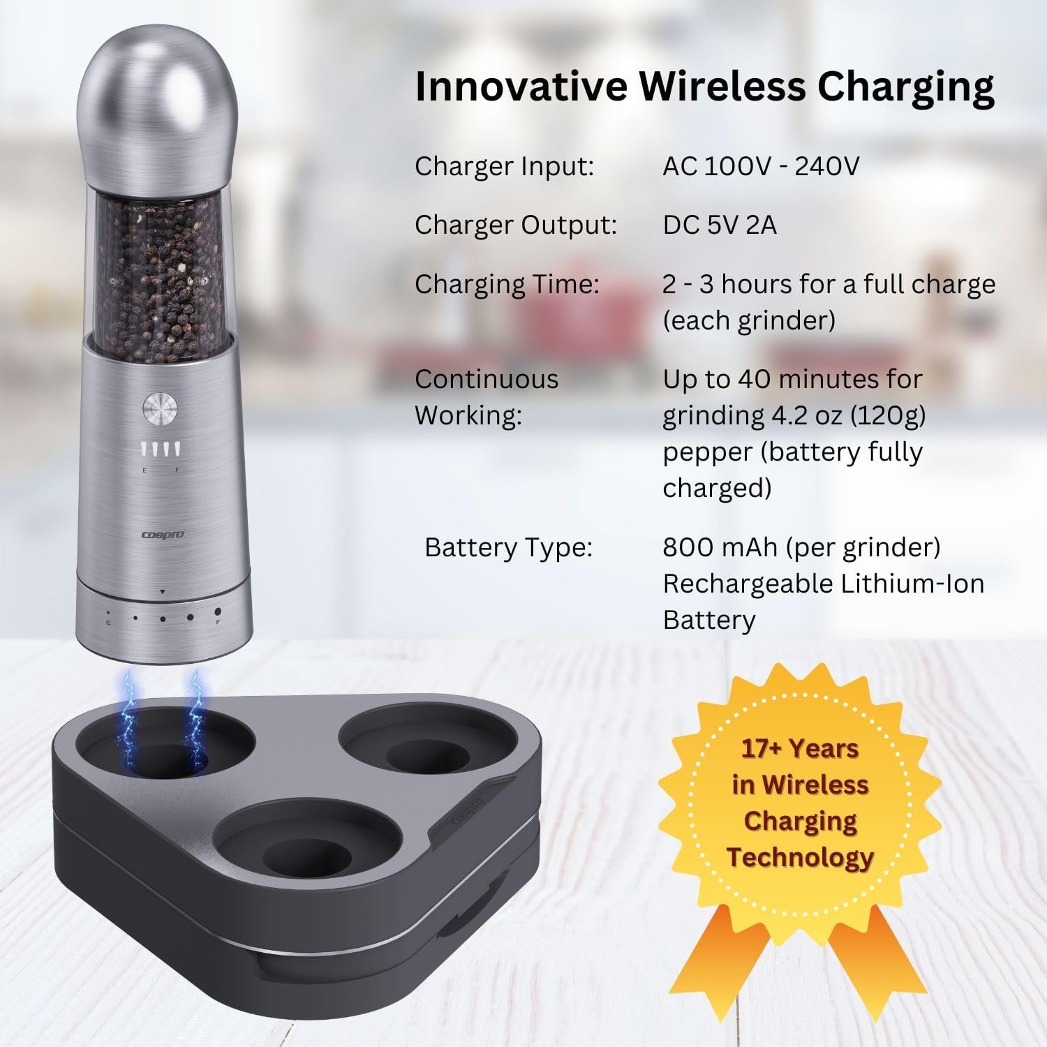 COSPRO 3-in-1 Wireless Charging Electric Salt and Pepper Grinder Set, Rechargeable Automatic Stainless Steel Spices Mill Set - One-Hand to Operate, Adjustable Coarseness, Easy Cleaning - Image 4