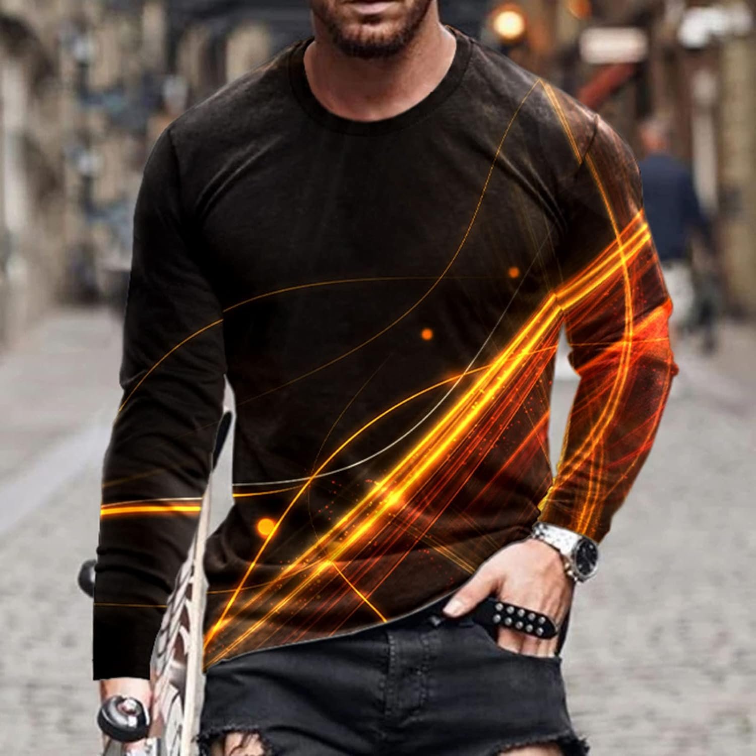 Muscularfit Mens Shirts Graphic Design Long Sleeve Crewneck Sweatshirt Fashion Flame Print Causal Loose Pullover Fall Outfits - Image 4