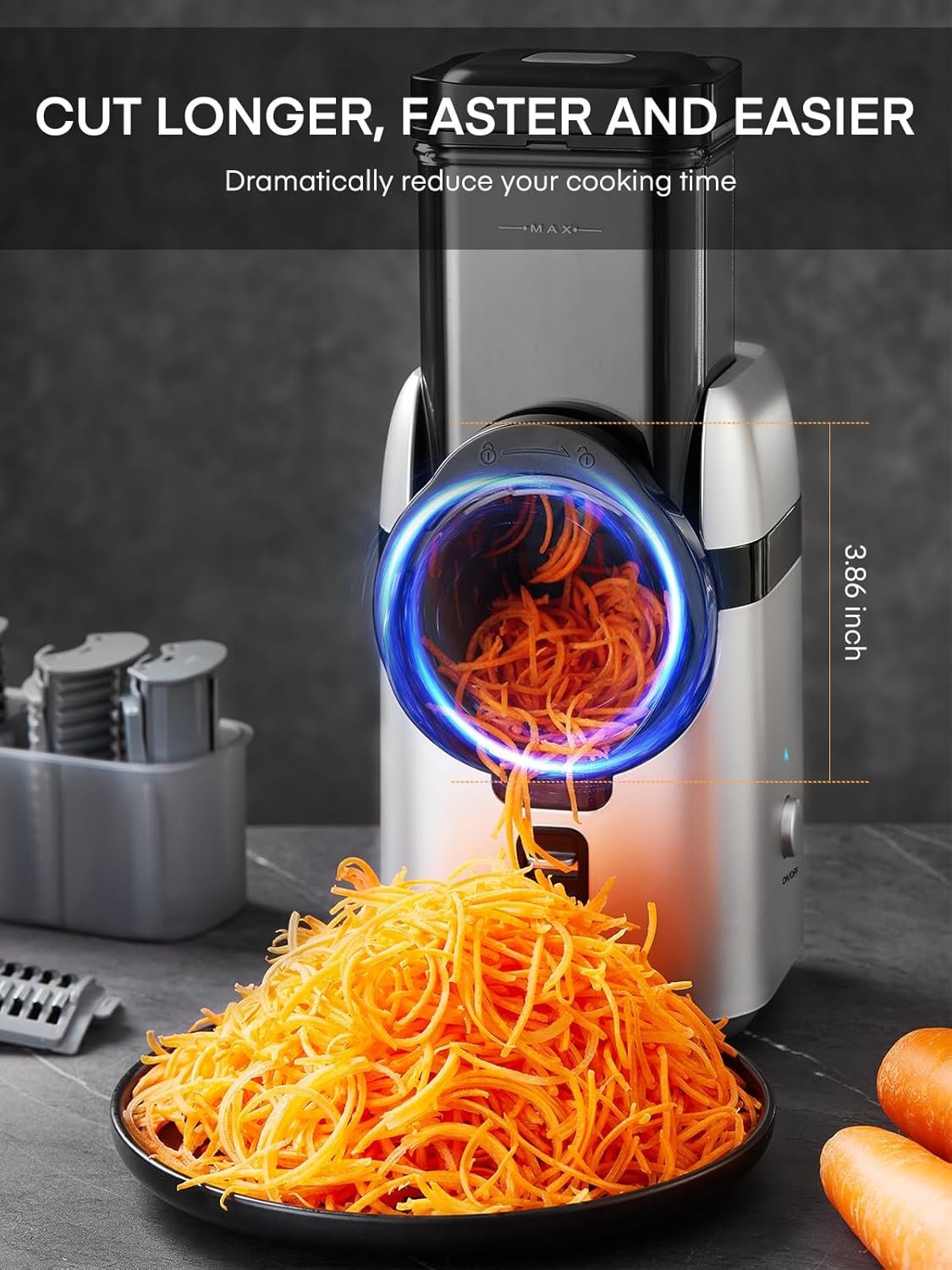 FOHERE Electric Cheese Grater, Large Feed Chute Electric Grater Vegetable Shredder with Multi Replaceable Blades and Storage Box, 5 in 1 cheese slicer for Whole Potatoes, Cheese and Nuts - Image 4