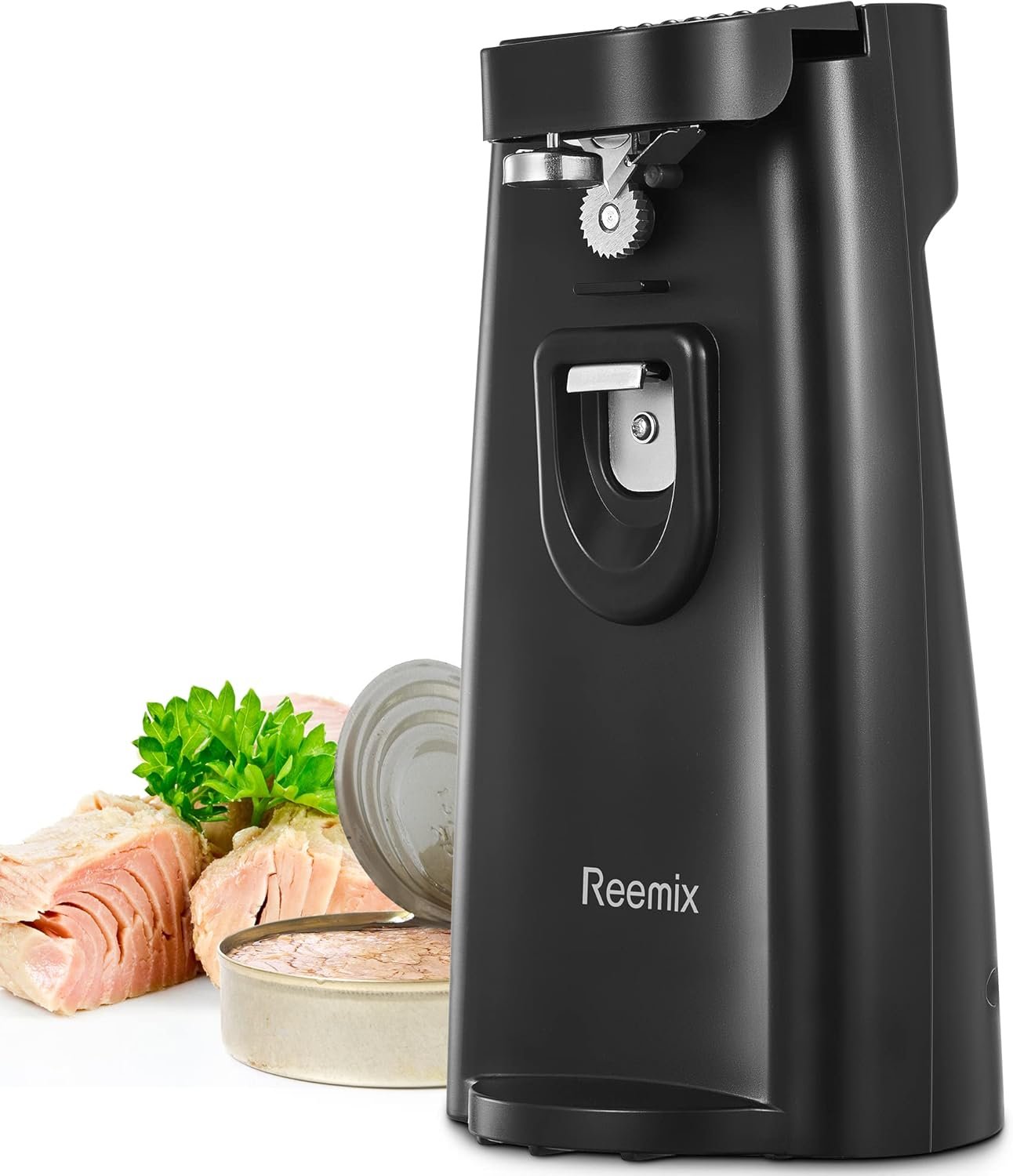 Electric Can Opener, Reemix Automatic Can Opener with Knife Sharpener and Bottle Opener 3 in 1, Easy Push Down Lever (Black) - Image 2