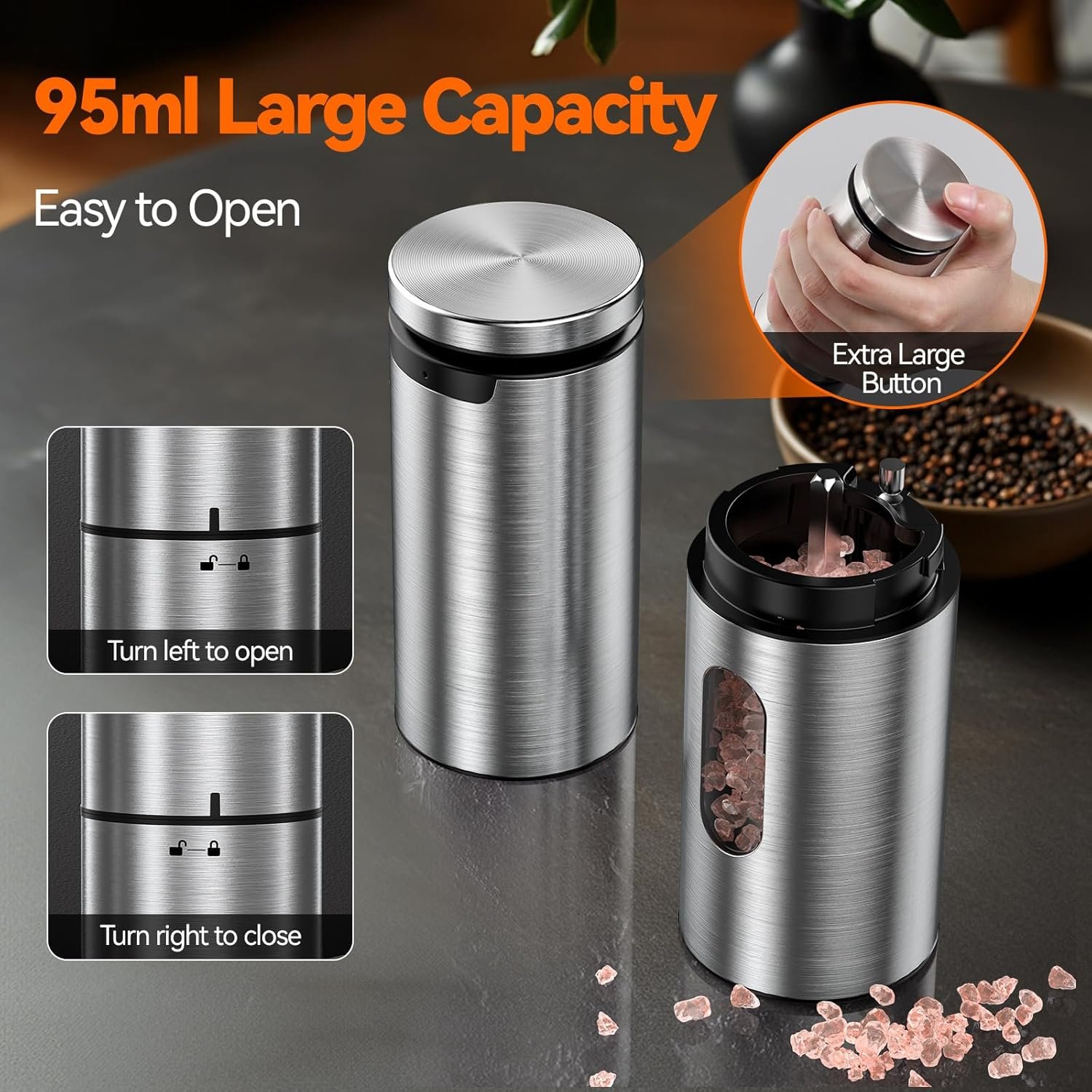VOXON Electric Salt and Pepper Grinder Set, Food Grade Stainless Steel Mill with LED Light One Handed Operation - Image 5