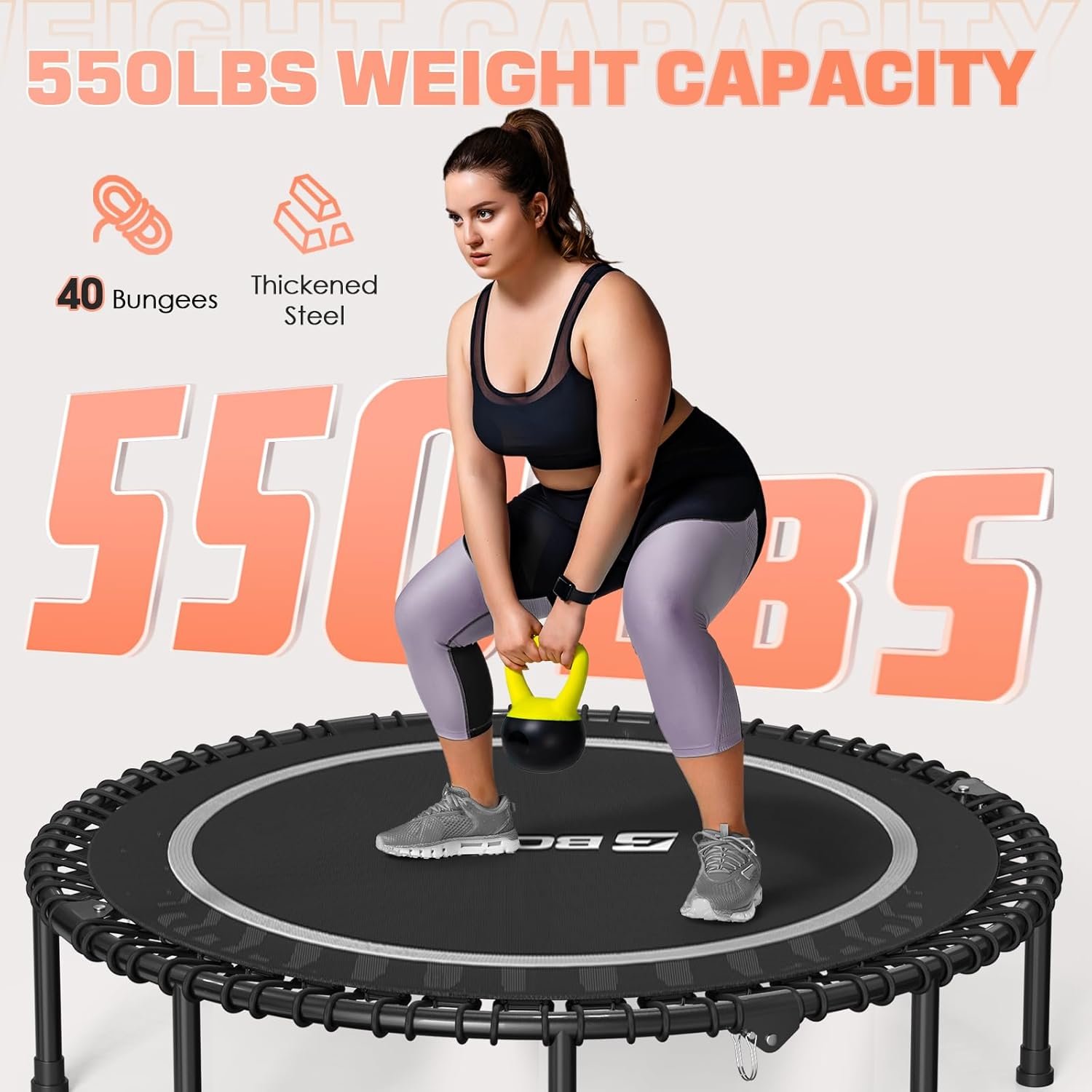BCAN 450/550 LBS Foldable Mini Trampoline, 40"/48" Fitness Trampoline with Bungees, U Shape Adjustable Foam Handle, Stable & Quiet Exercise Rebounder for Kids Adults Indoor/Garden Workout - Image 4
