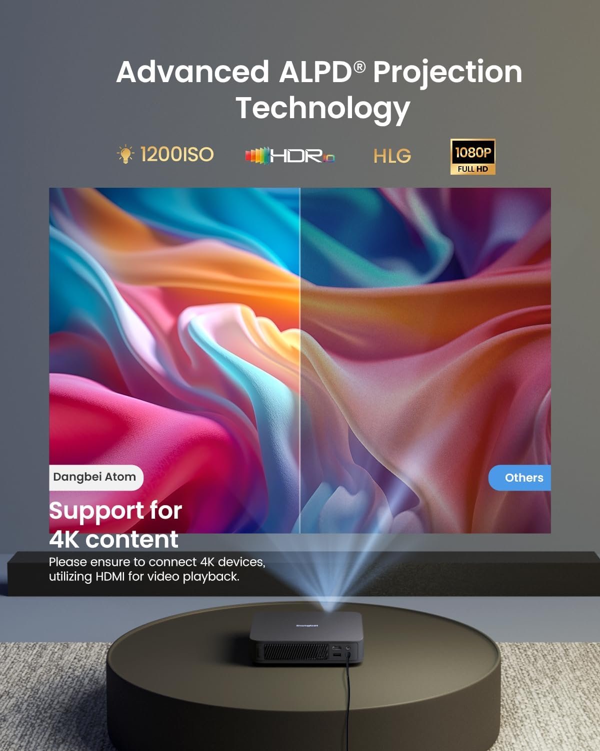 Dangbei Atom Laser Projector, 1200 ISO Lumens, 3D Ready, Official Netflix, 1080p HD with 4K HDR Input, 180" Display, HDR10, 2x5W Dolby Audio Speakers, Home Theater Projector with WiFi and Bluetooth - Image 4