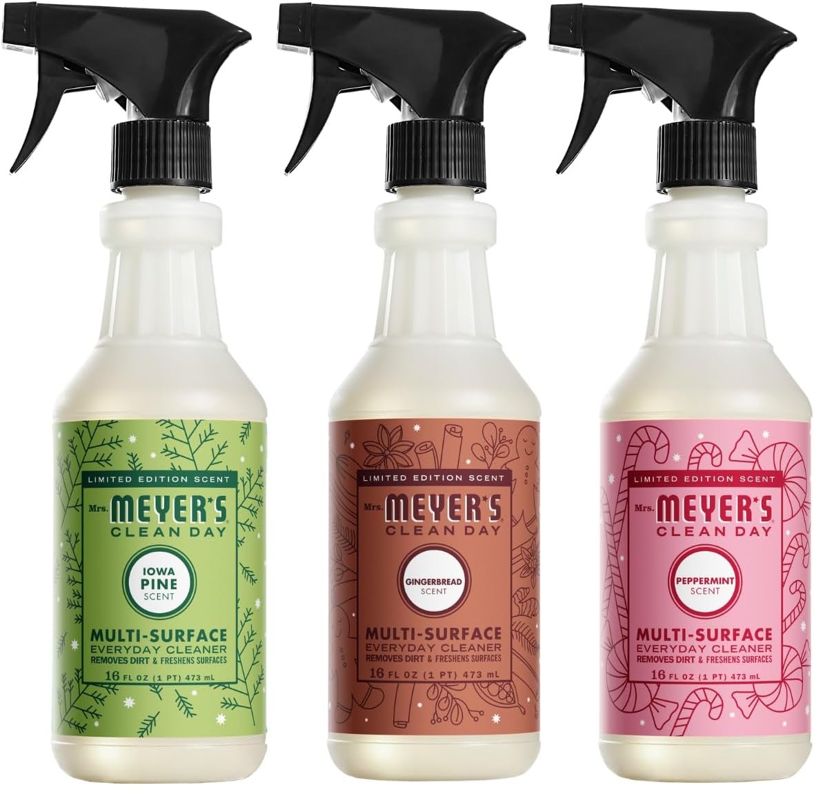 MRS. MEYER'S CLEAN DAY Multi-Surface Cleaner 3 Pack Variety, 16 OZ Each, 1 CT (Iowa Pine + Peppermint + Gingerbread) - Image 2