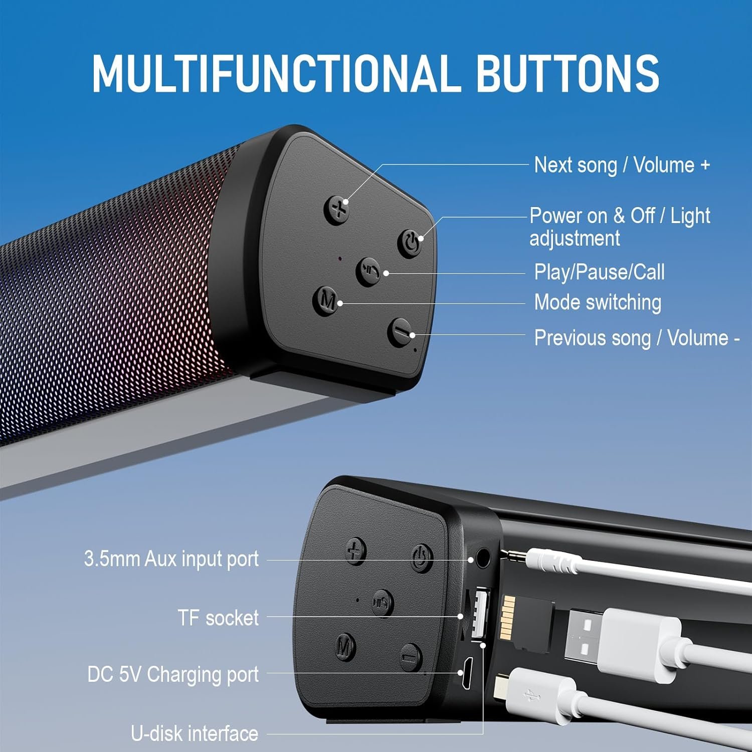 OOYY Home Portable Bluetooth Speaker with Colorful Flashing Lights, Wireless Bluetooth Sound Bar, Perfect for Home Theater and Gaming (Black) - Image 4