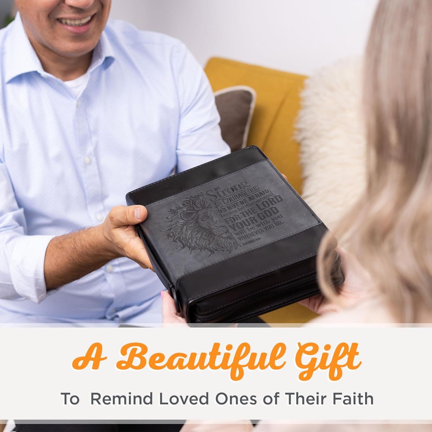 Christian Art Gifts Classic Faux Leather Bible Cover for Men and Women: Be Strong and Courageous - Joshua 1:9 Inspirational Bible Verse with Lion, Gray and Black, Large - Image 11