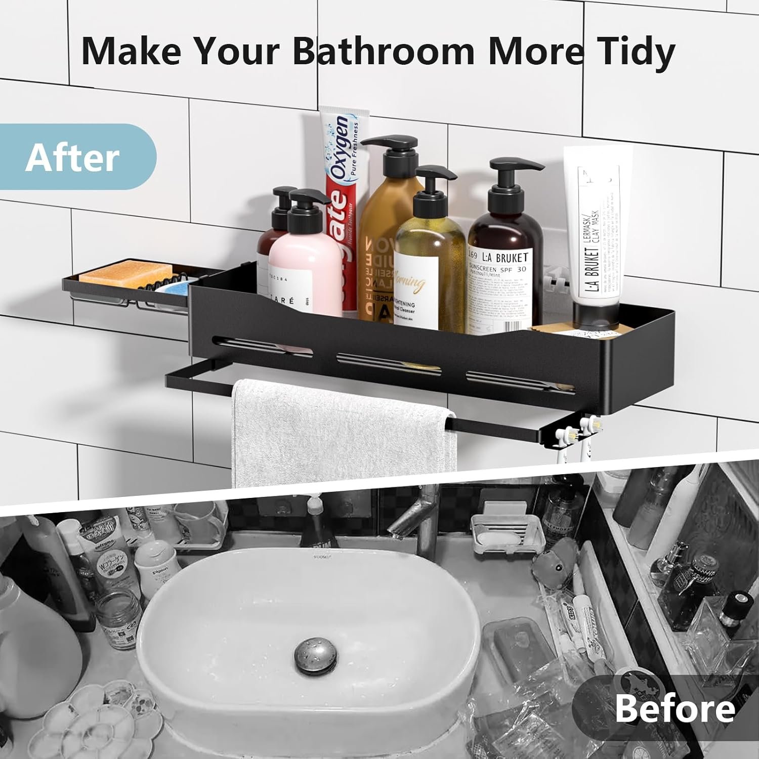 Shower Caddy - 2 Pack No Drilling Adhesive Shower Rack with Soap Holder & 2 Toothbrush Holder - Rustproof Large Capacity Shower Organizer with Towel Rack for Bathroom, Kitchen Storage - Image 7