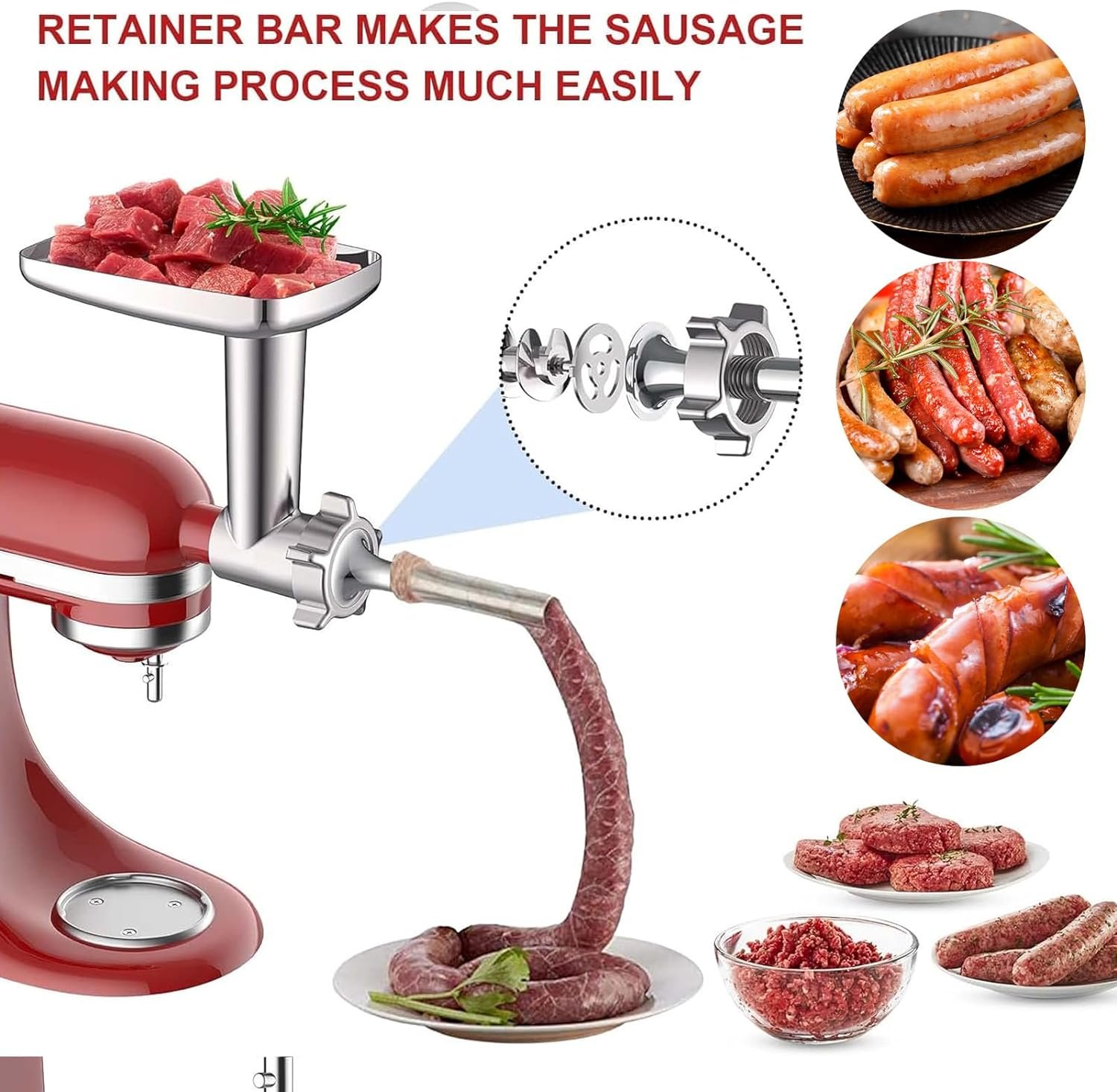 Metal Food Grinder Attachments for KitchenAid Stand Mixers, Meat Grinder, Sausage Stuffer, Meat Grinder for Kitchenaid Mixer, Includes 4 Grinding Plates, 3 Sausage Stuffer Tubes, 3 Grinding Blades - Image 5